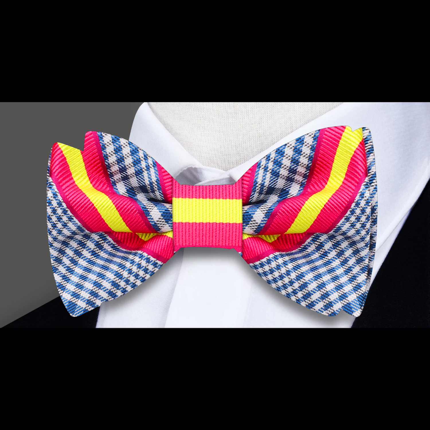 Blue Plaid Pink Yellow Stripe Bow Tie 