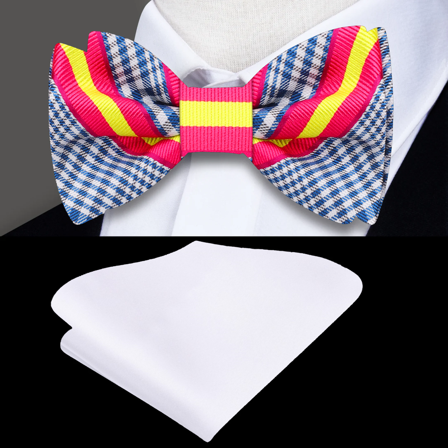 Blue Plaid Pink Yellow Stripe Bow Tie and White Square