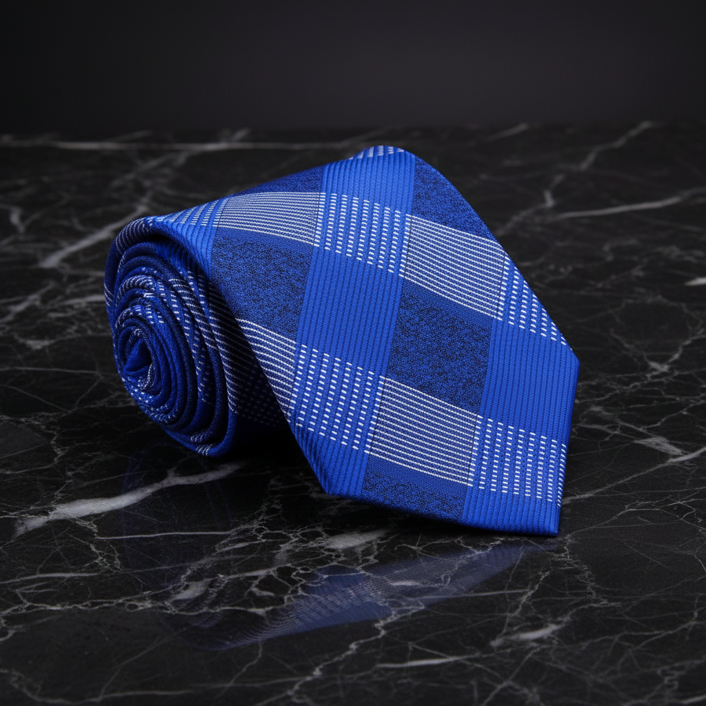 Rolled blue checkered tie on a dark marble surface with a blurred background