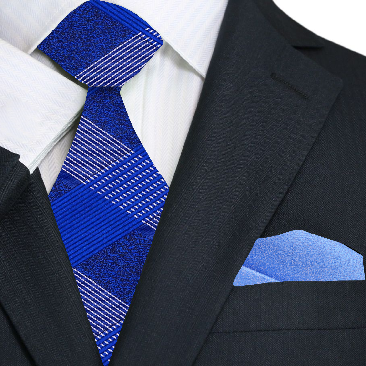 Blue plaid patterned tie and light blue shimmer pocket square with a black suit jacket
