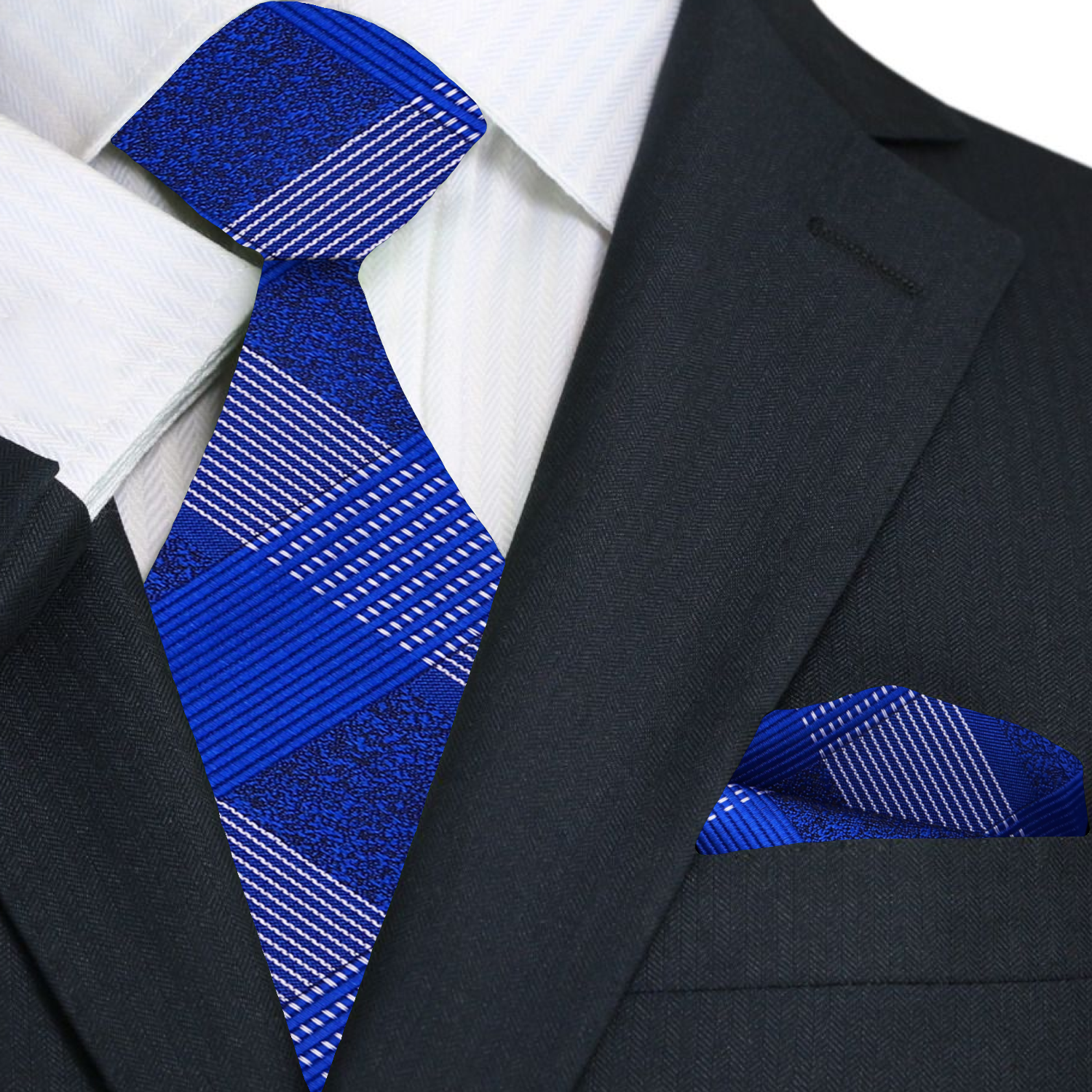 Blue patterned tie and pocket square set on a black suit jacket.