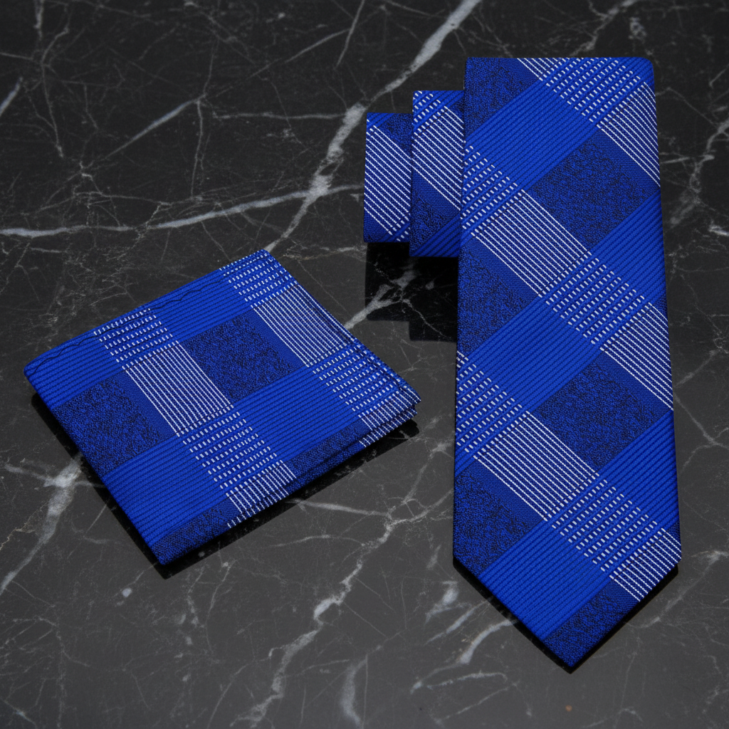 Blue plaid tie and pocket square 