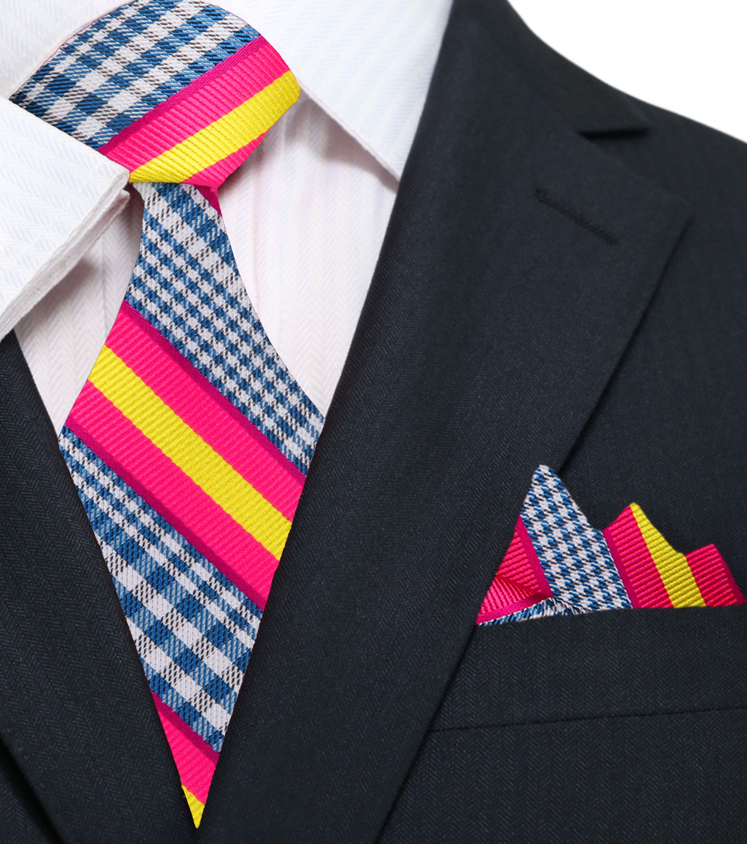 Blue Plaid With Yellow Pink Stripe Necktie and Square
