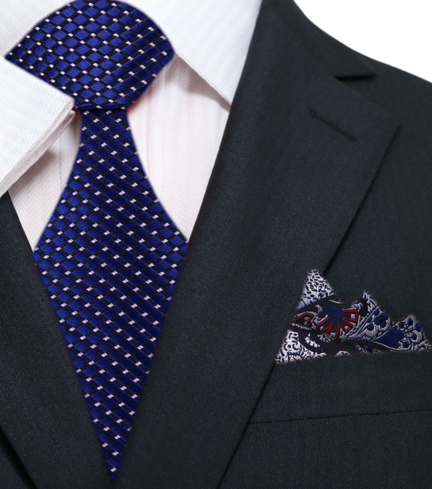 Classic View: A Dark Blue Small Geometric Diamond With Small Dots Pattern Silk Necktie With Silver, Blue, Red Pocket Square