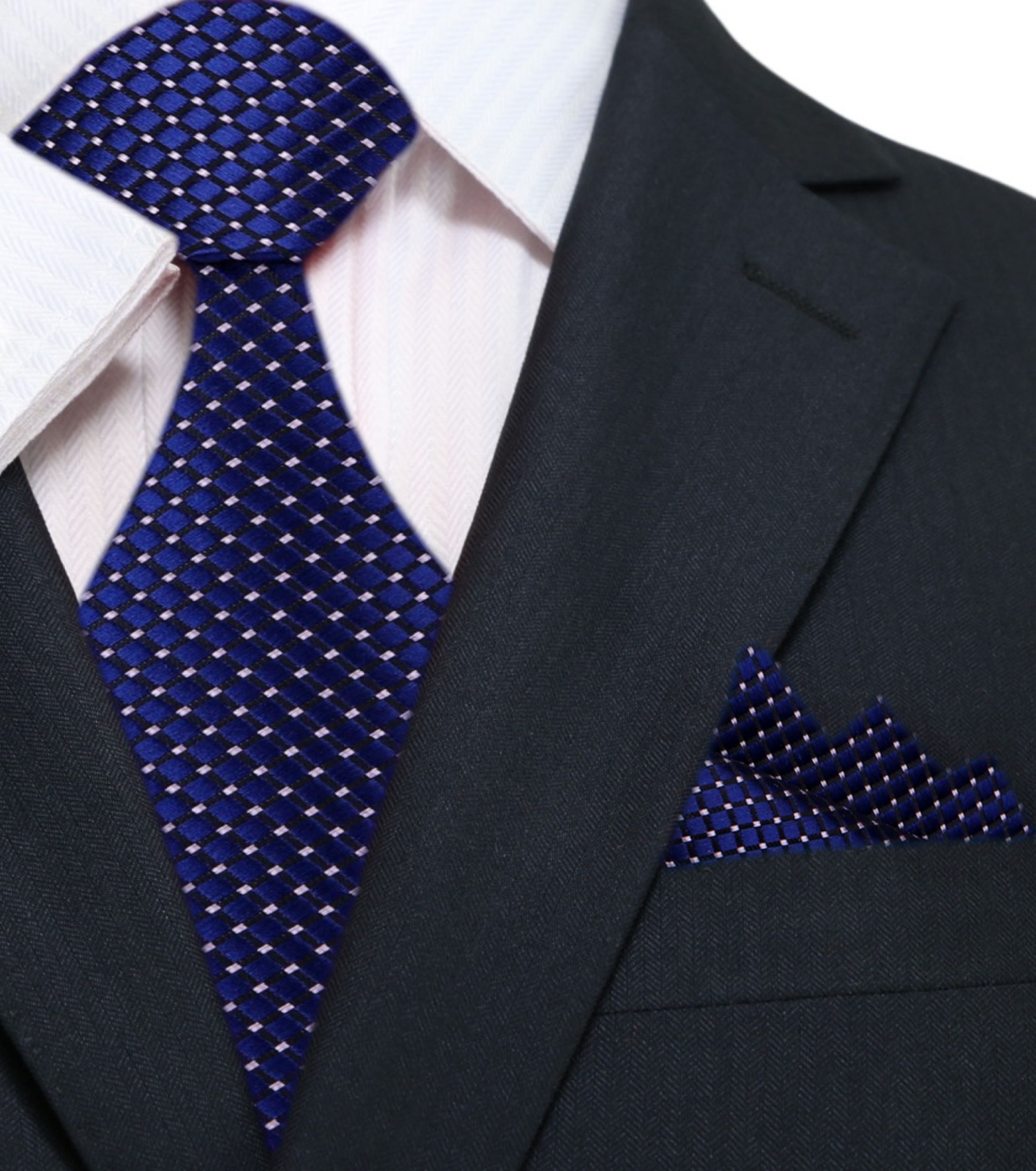 Classic View: A Dark Blue Small Geometric Diamond With Small Dots Pattern Silk Necktie With Pocket Square