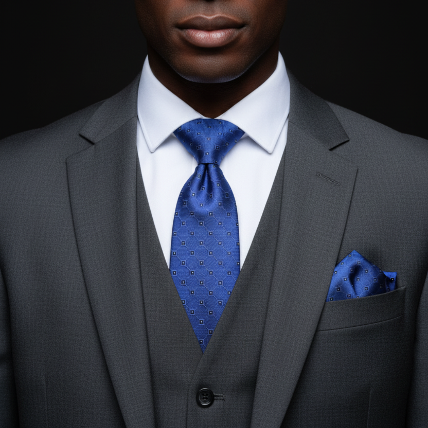 Man wearing a gray suit with a blue tie and pocket square on a black background