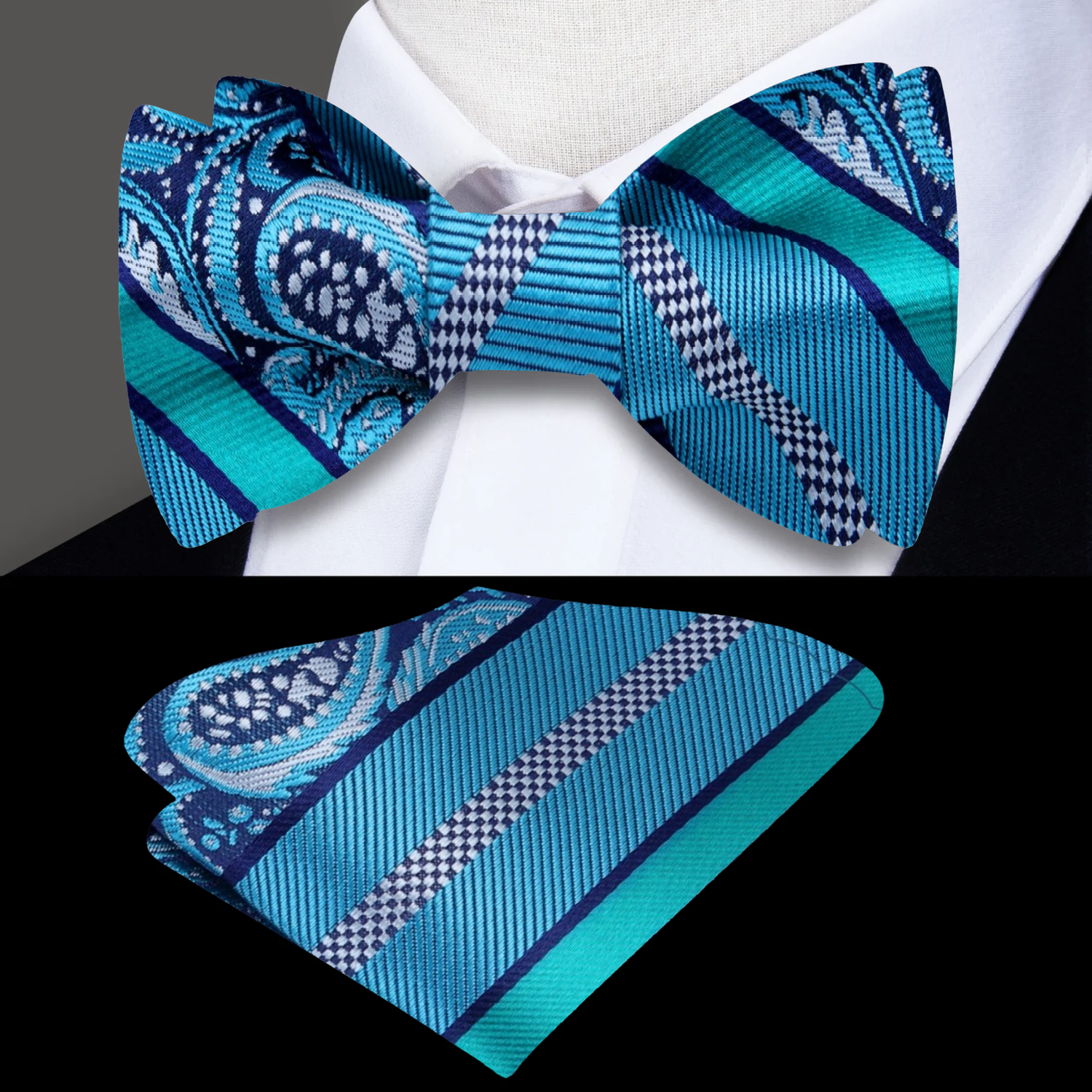 An Aqua and Seam foam Stripe and Paisley Pattern Silk Self Tie Bow Tie, Matching Pocket Square