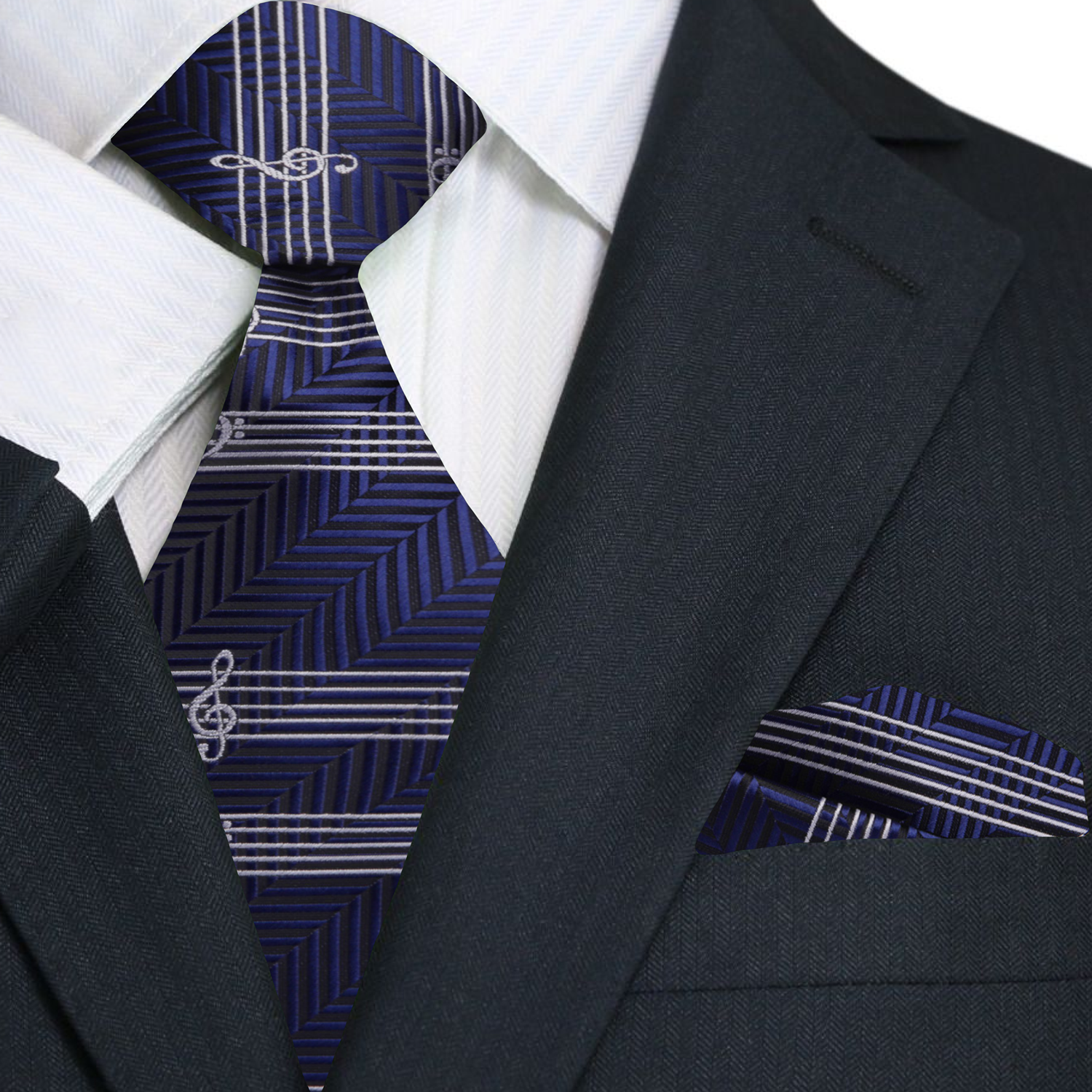 Premium Blue White Music Tie and Pocket Square