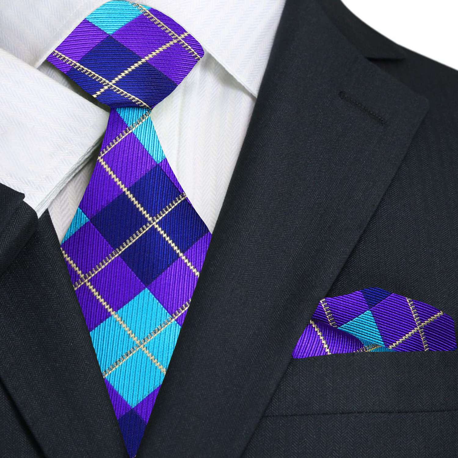 Blue and purple checkered tie and pocket square on a suit