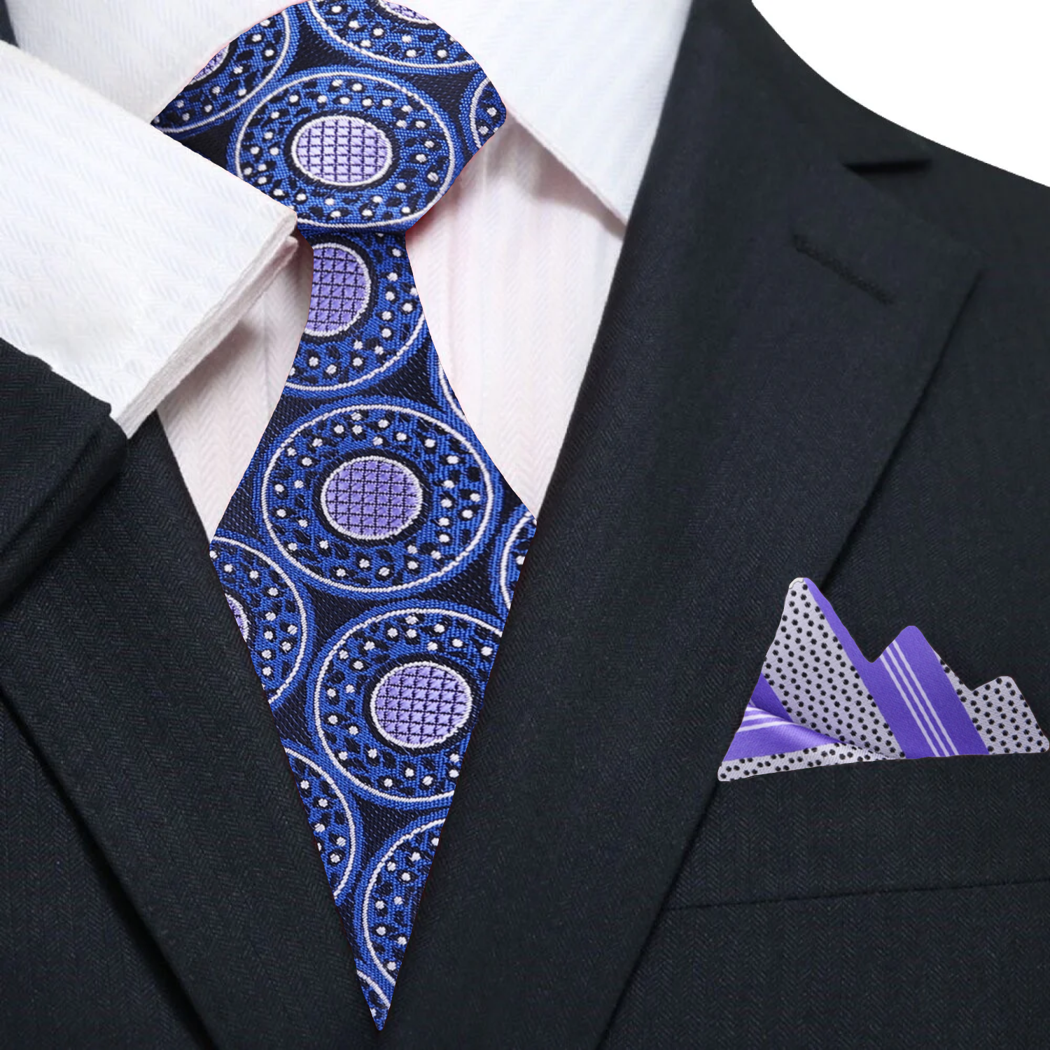 A Dark Blue, Purple Abstract Circular Pattern Silk Necktie, Accenting Stripe Pocket Square