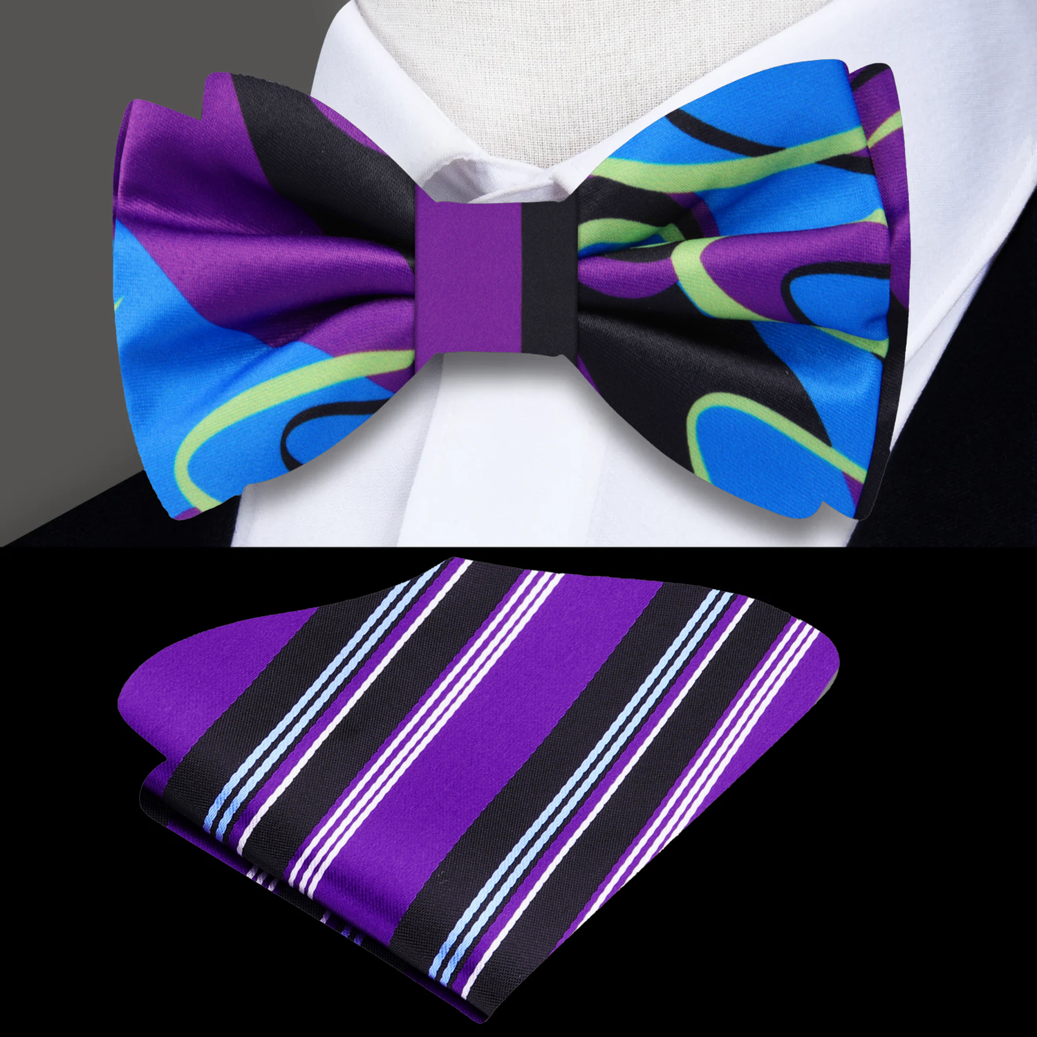 Purple, Blue, Black Abstract Bow Tie and Accenting Pocket Square