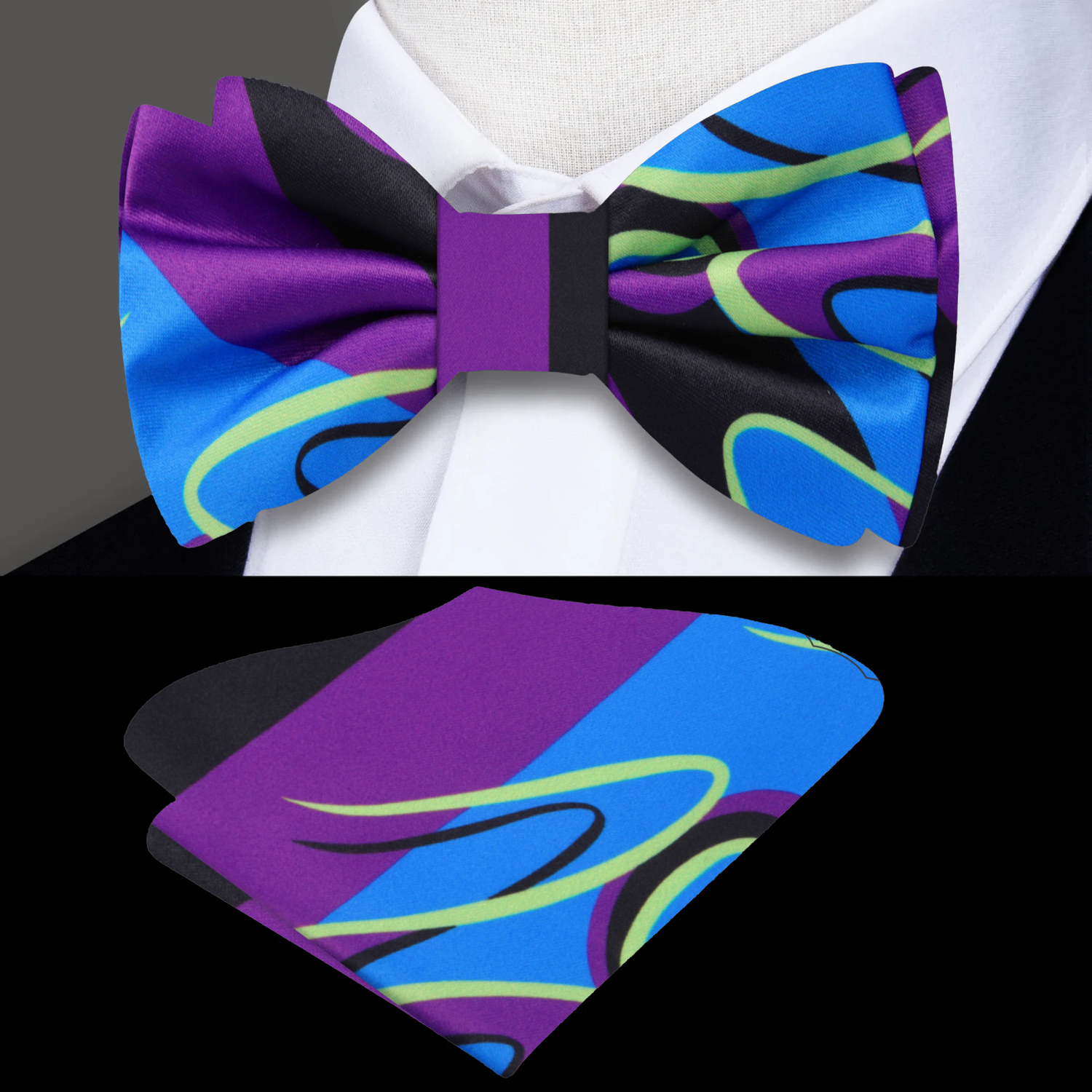 Purple, Blue, Black Abstract Bow Tie and Pocket Square
