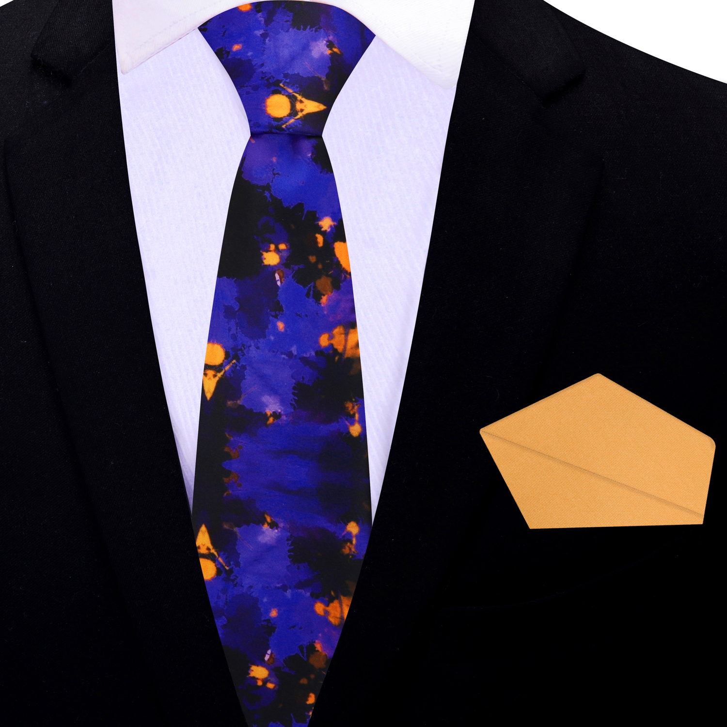 Thin Tie: Black, Purple-Blue, Orange Abstract Ink Blot Necktie and Orange Square