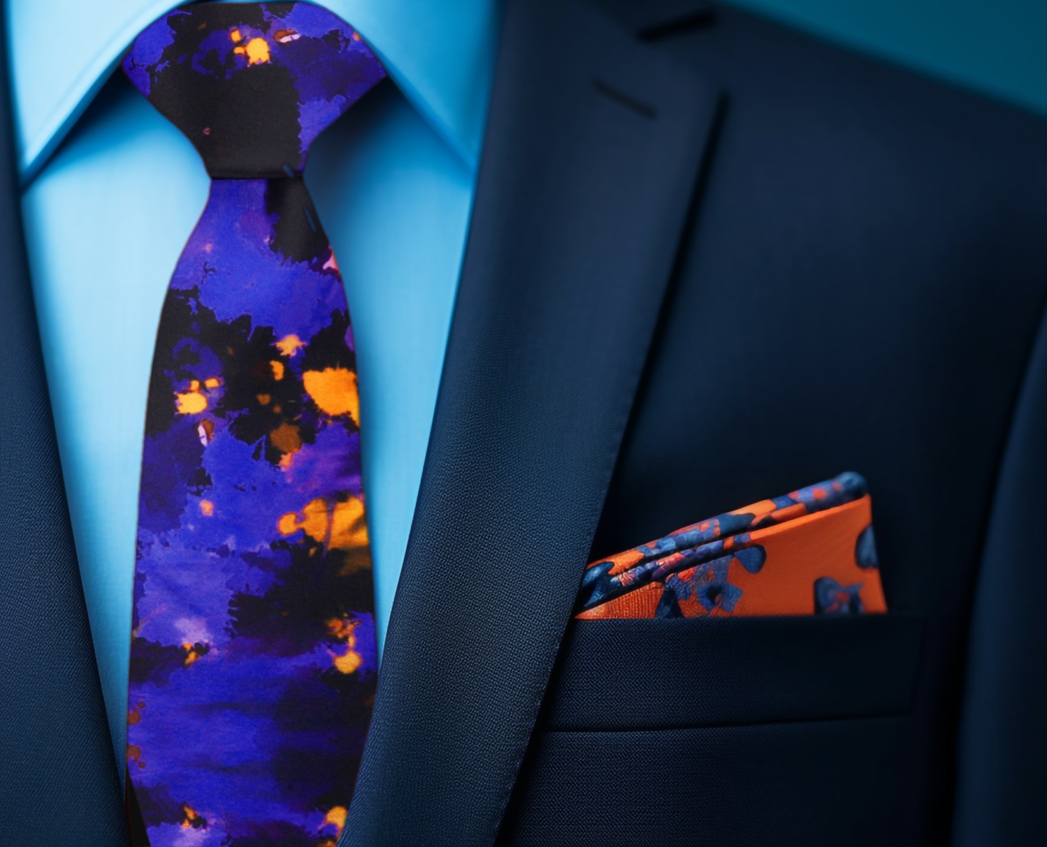 Black, Purple-Blue, Orange Abstract Ink Blot Necktie and Orange Square On Blue Suit