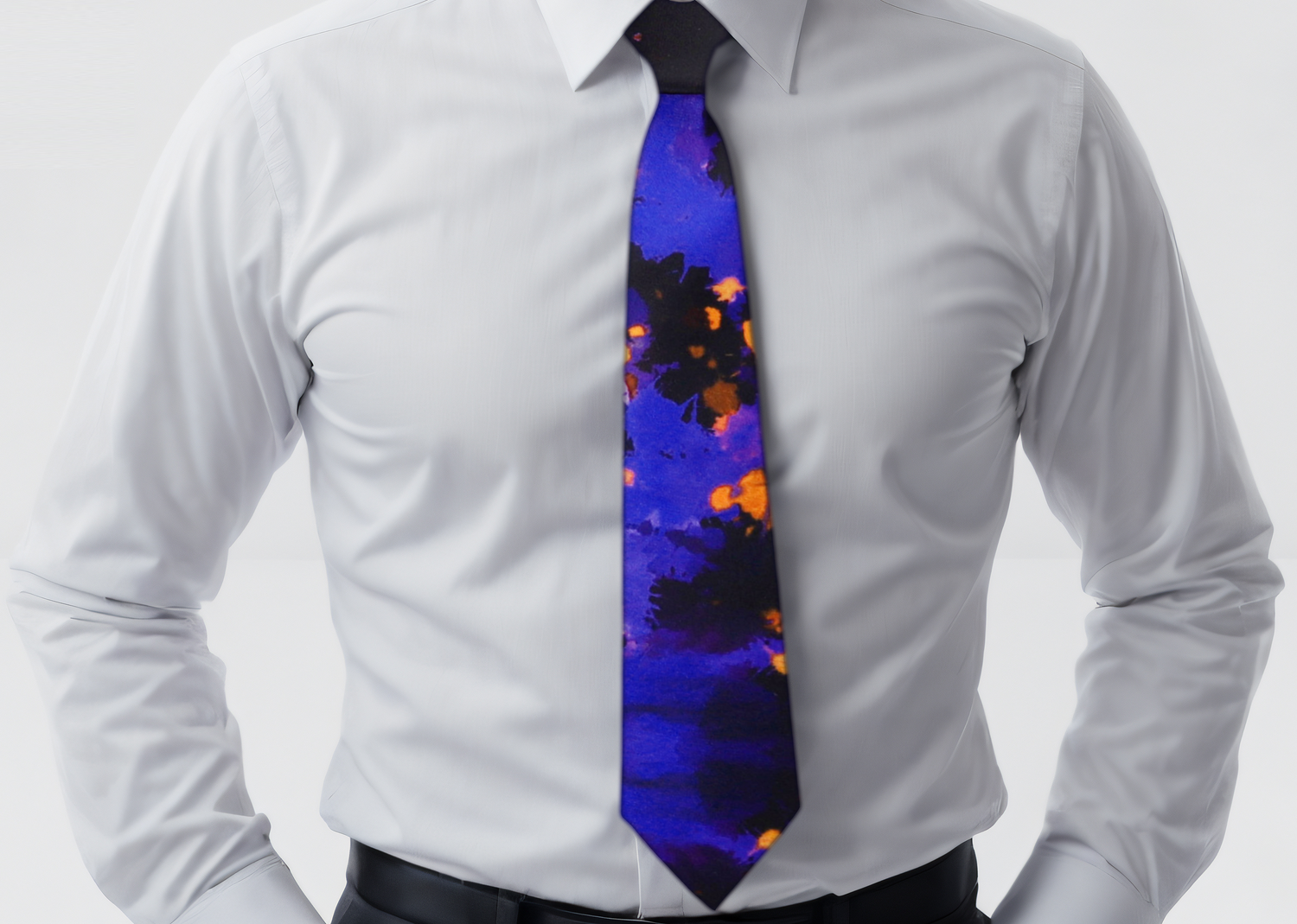 White Shirt View: Black, Purple-Blue, Orange Abstract Ink Blot Necktie 