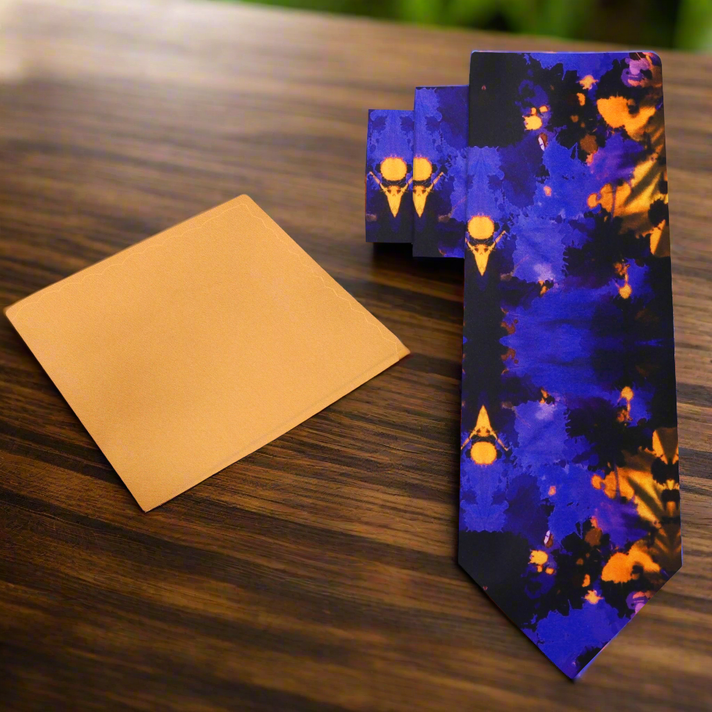 Alt View: Black, Purple-Blue, Orange Abstract Ink Blot Necktie and Orange Square