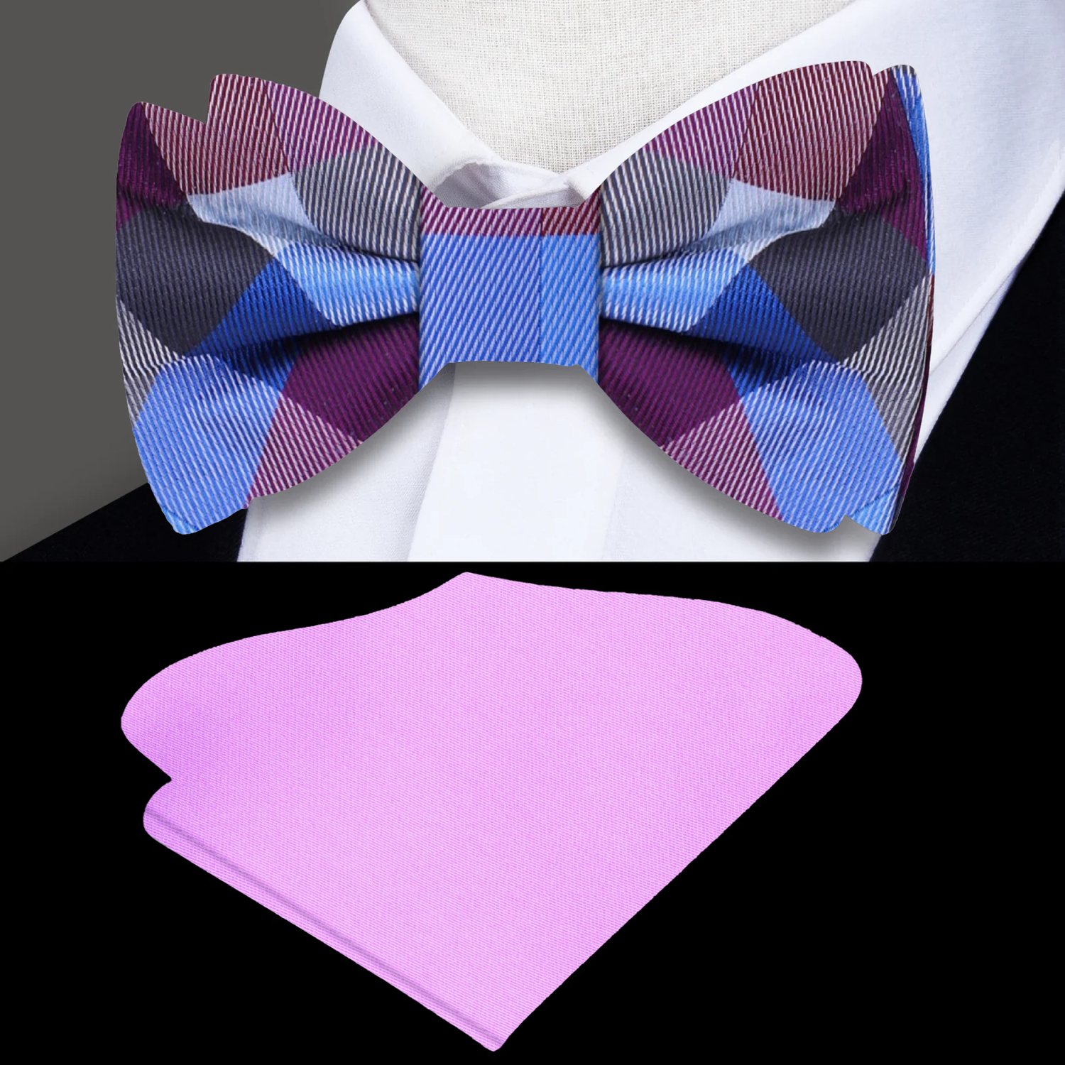 Purple, Blue Check Bow Tie and Accenting Pocket Square