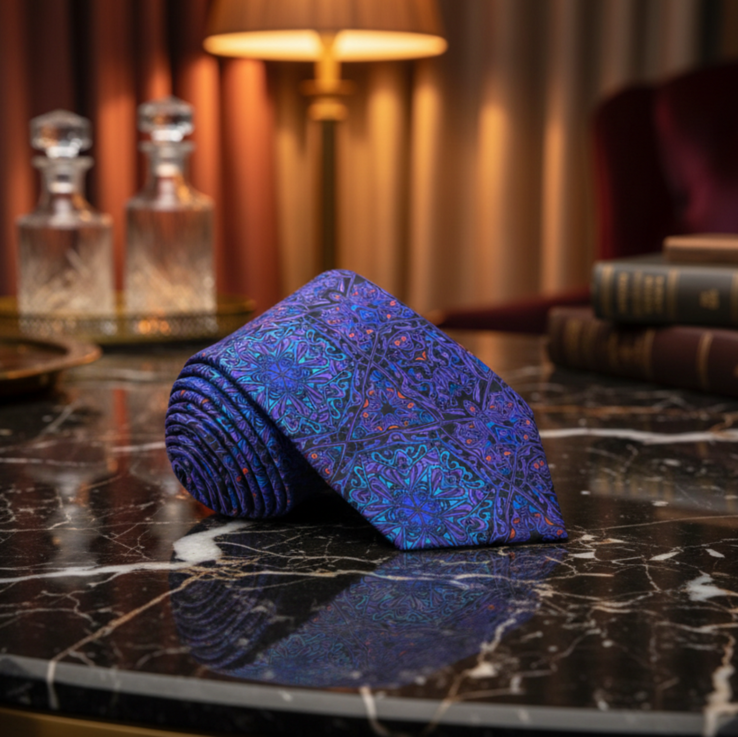 A rolled and folded blue patterned necktie with purple and orange accents, displayed on a polished black marble table in a warm, elegant room setting.