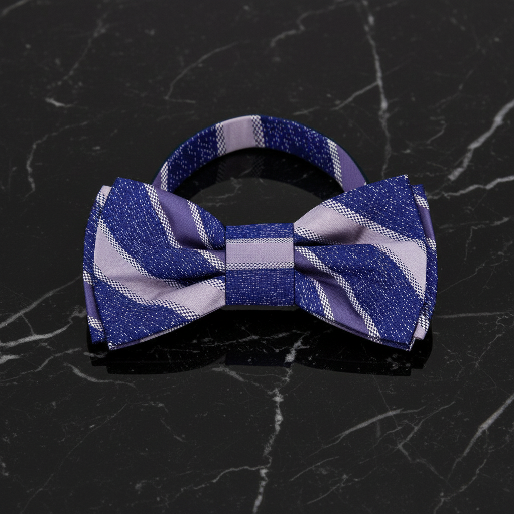 Blue and purple checkered bow tie on a black marble background