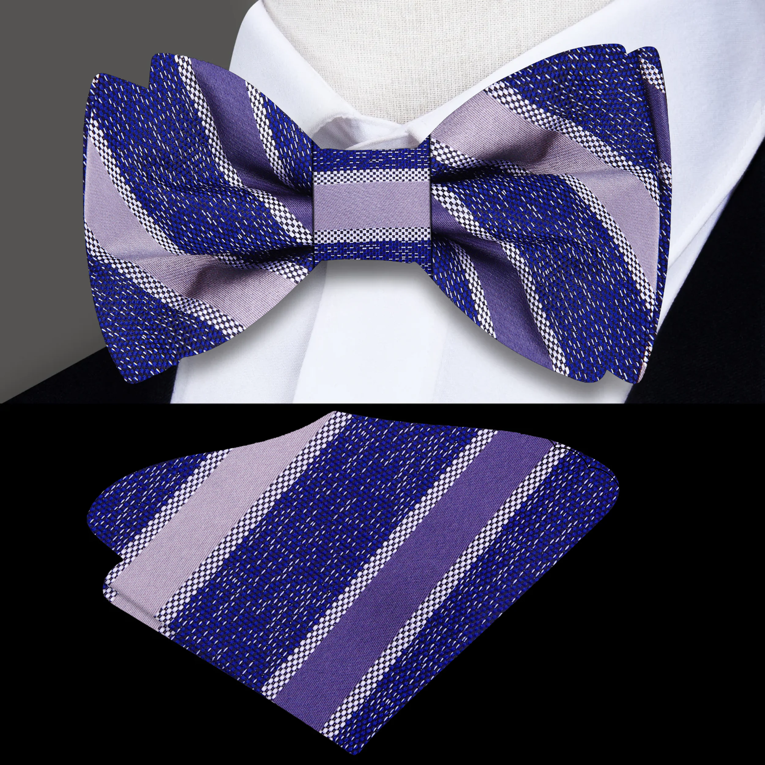 Purple and white striped bow tie and pocket square on a mannequin.