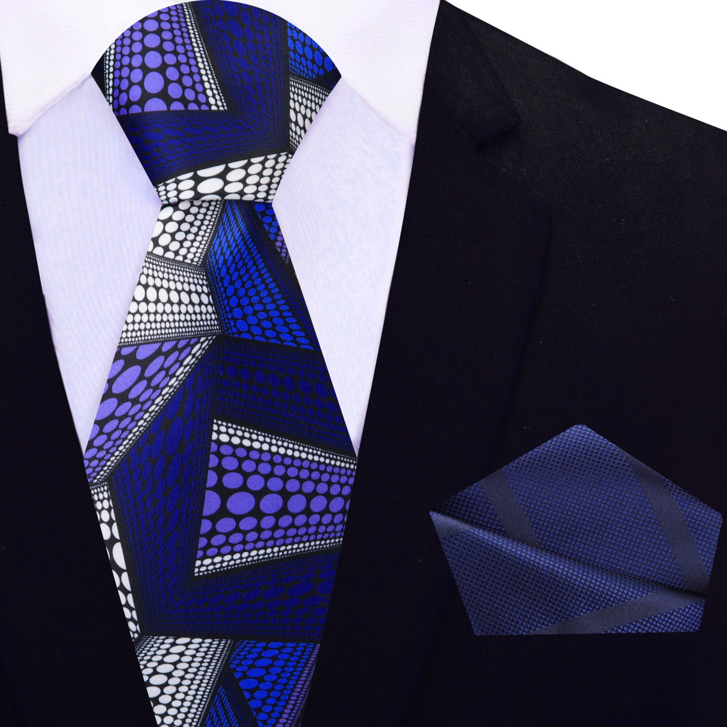 View 2: Blue, Purple, White Abstract Polka Pattern Necktie with a Blue Stripe Texture Square