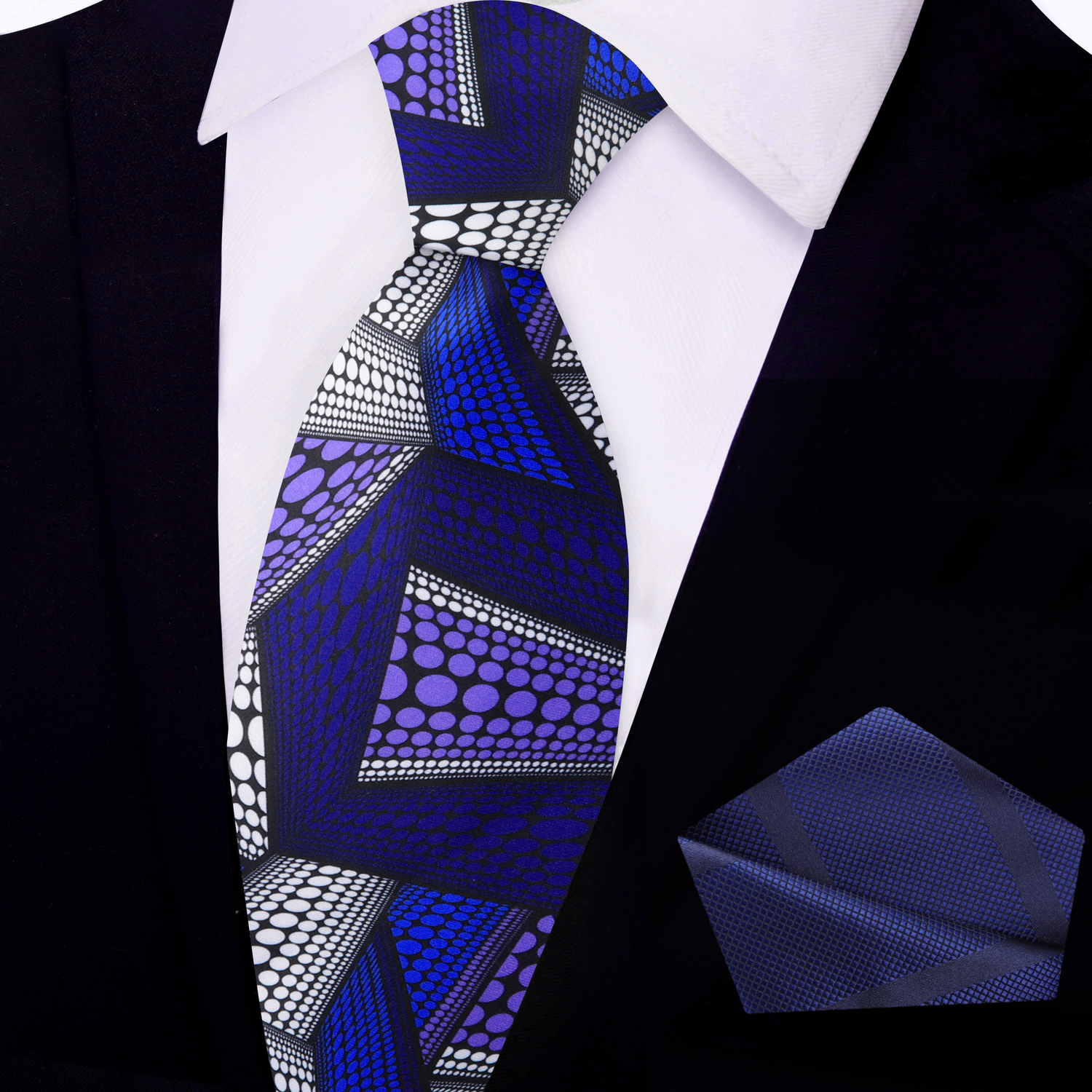 Blue, Purple, White Abstract Polka Pattern Necktie with a Blue Stripe Texture Square