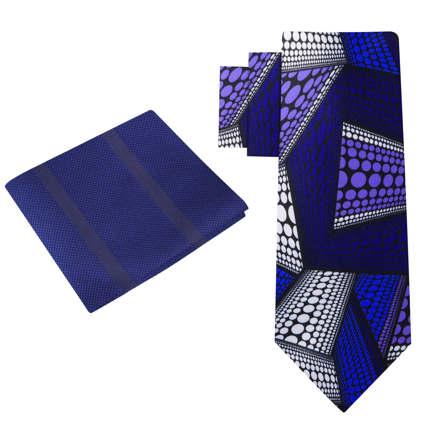 Alt View: Blue, Purple, White Abstract Polka Pattern Necktie with a Blue Stripe Texture Square