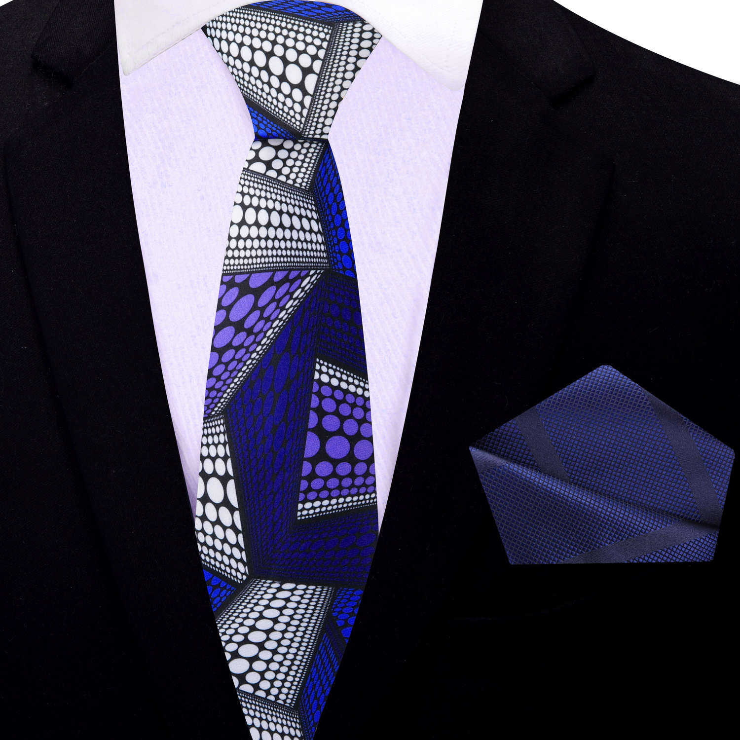 Thin Tie: Blue, Purple, White Abstract Polka Pattern Necktie with a Blue Stripe Texture Square