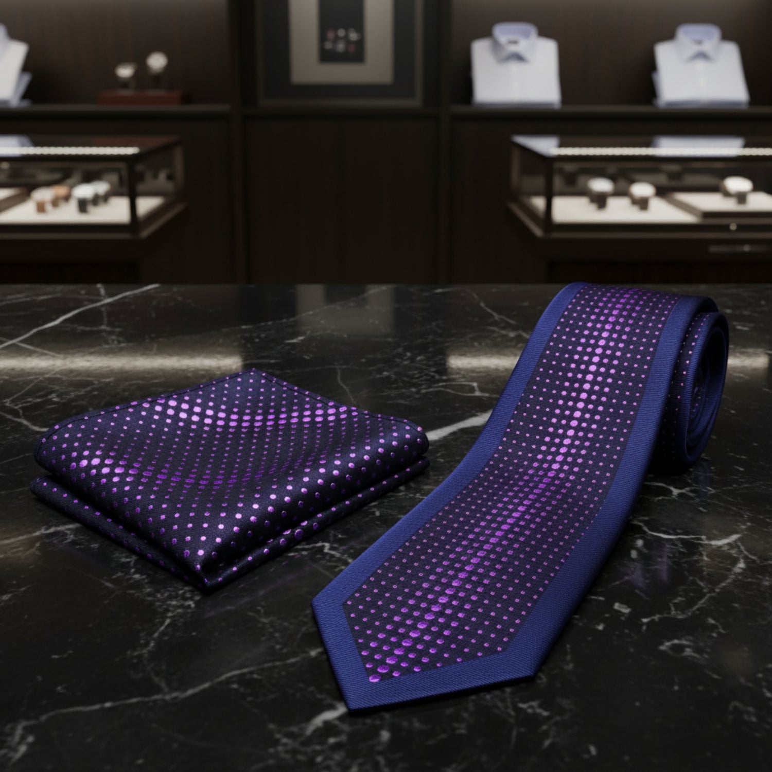 blue purple dot tie and square