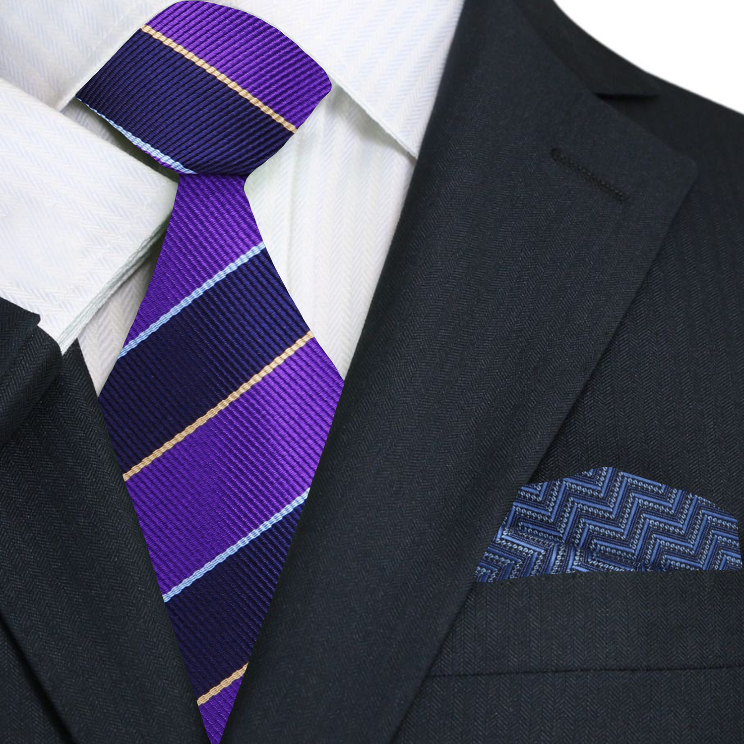 Premium Purple and Blue Block Stripe Tie and Blue Chevron Square