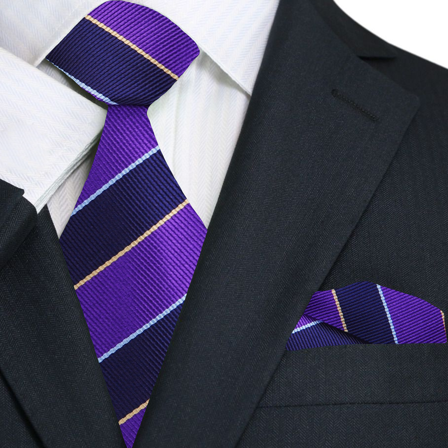 Premium Purple and Blue Block Stripe Tie and Square