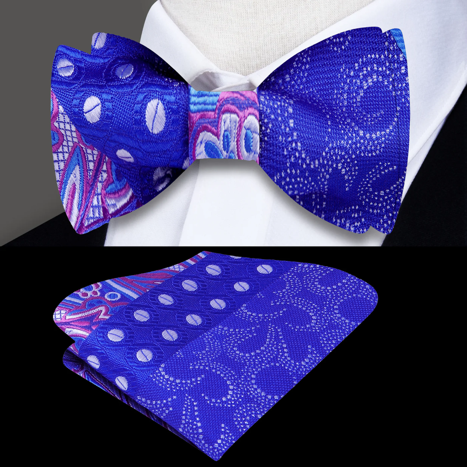 Main View: A Blue, Purple Abstract Waves, Paisley, Dot Pattern Silk Self Tie Bow Tie, With Matching Pocket Square
