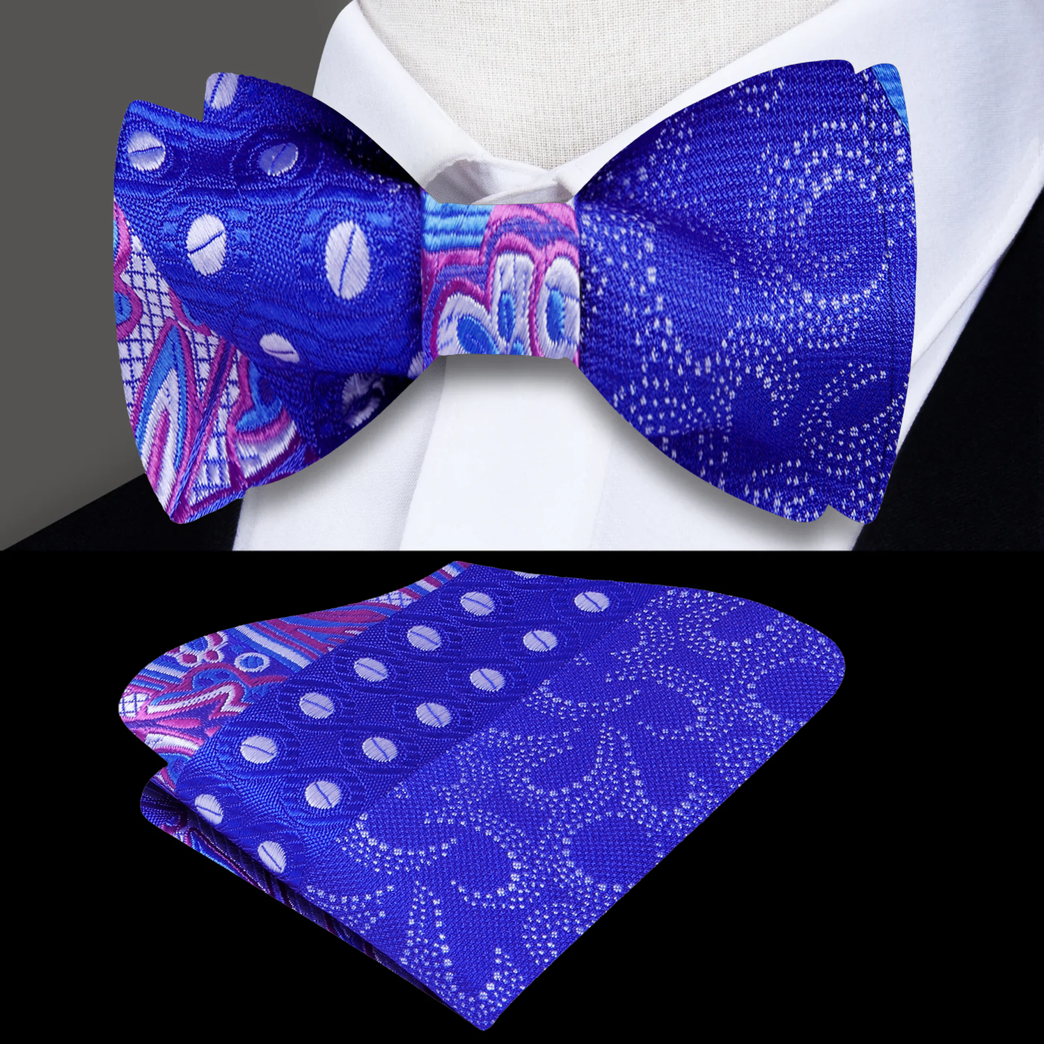 A Blue,Purple Abstract and Paisley Pattern Silk Pre Tied Bow Tie, Matching Pocket Square