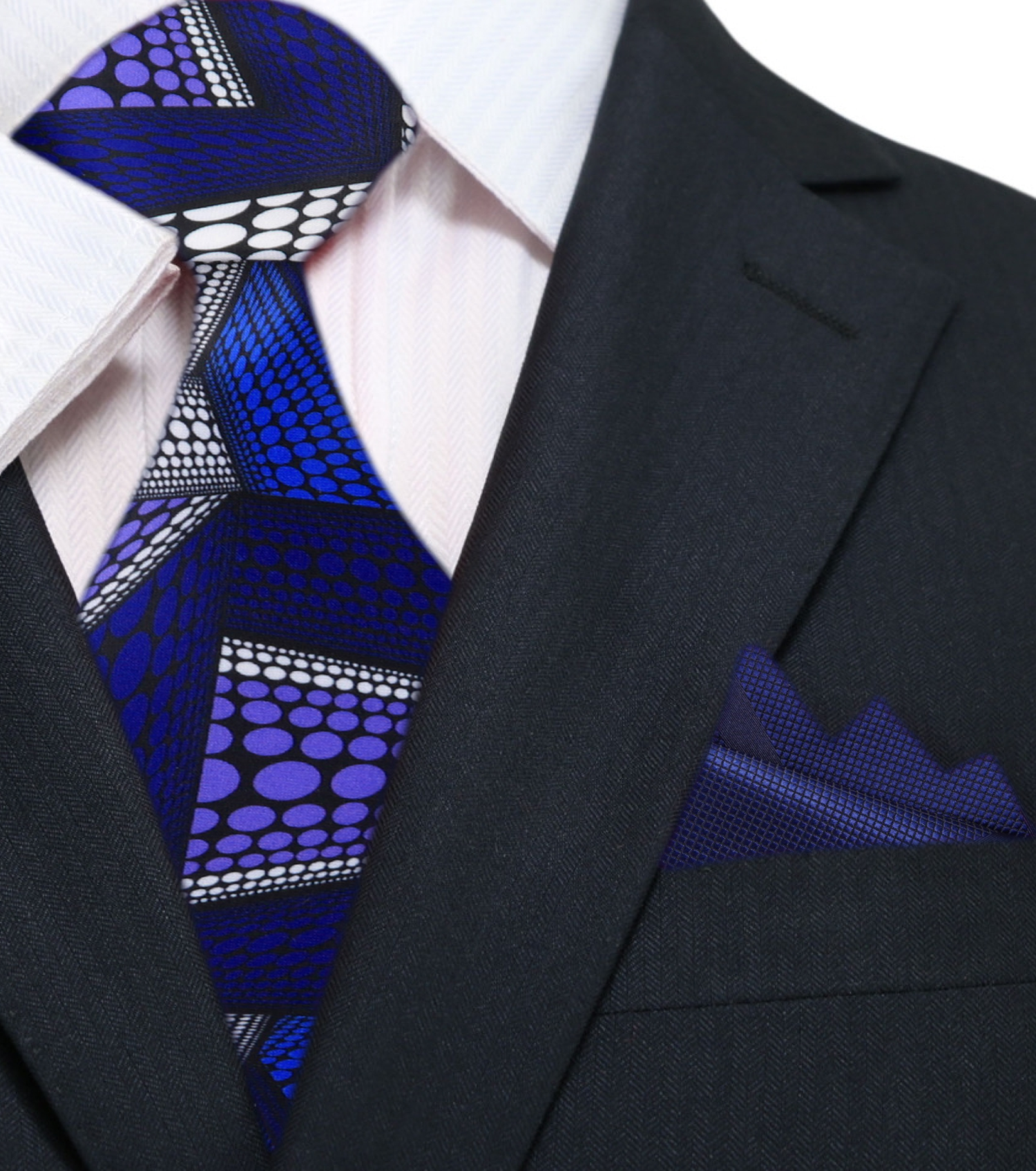 Main: Blue, Purple, White Abstract Polka Pattern Necktie with a Blue Stripe Texture Square