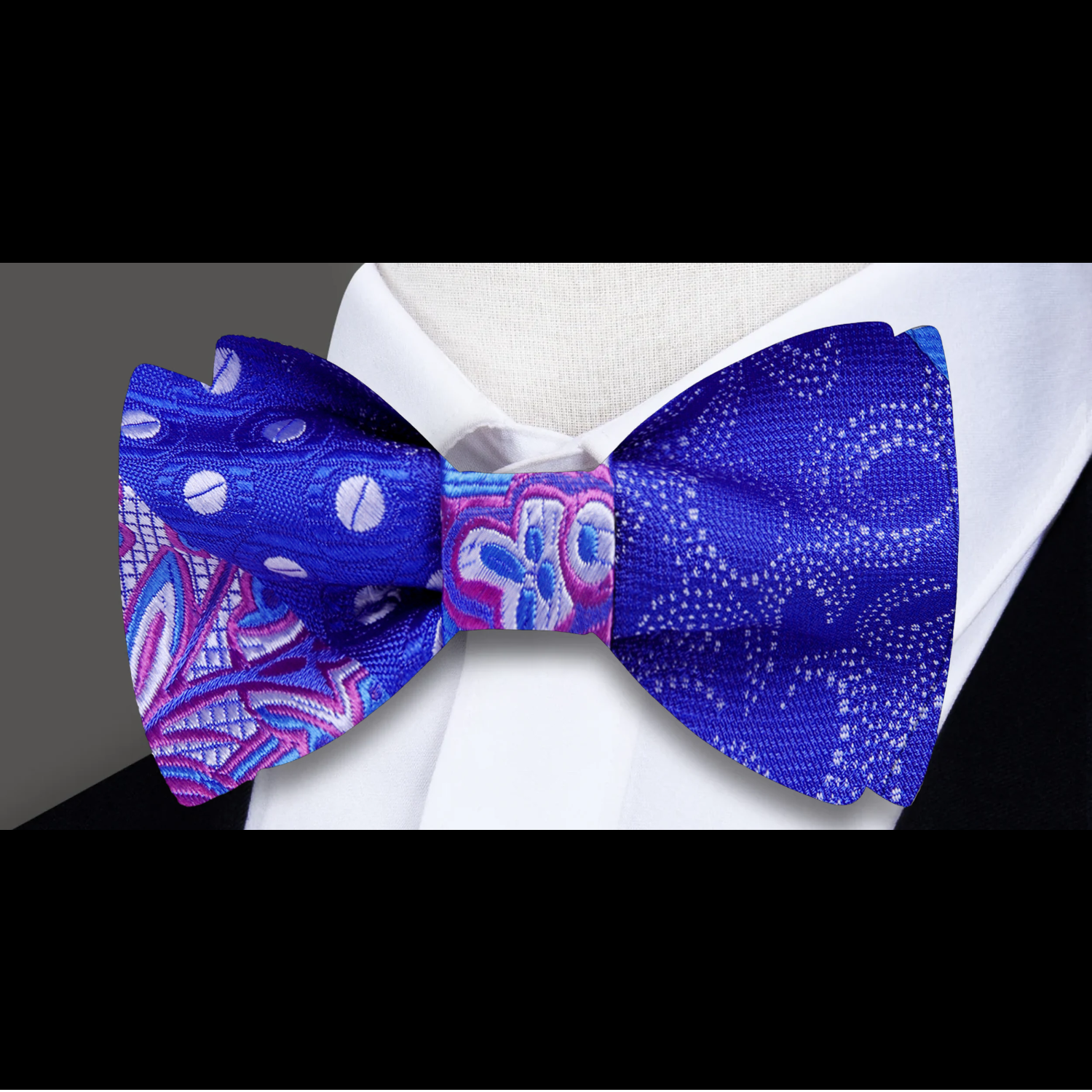 A Blue,Purple Abstract and Paisley Pattern Silk Pre Tied Bow Tie