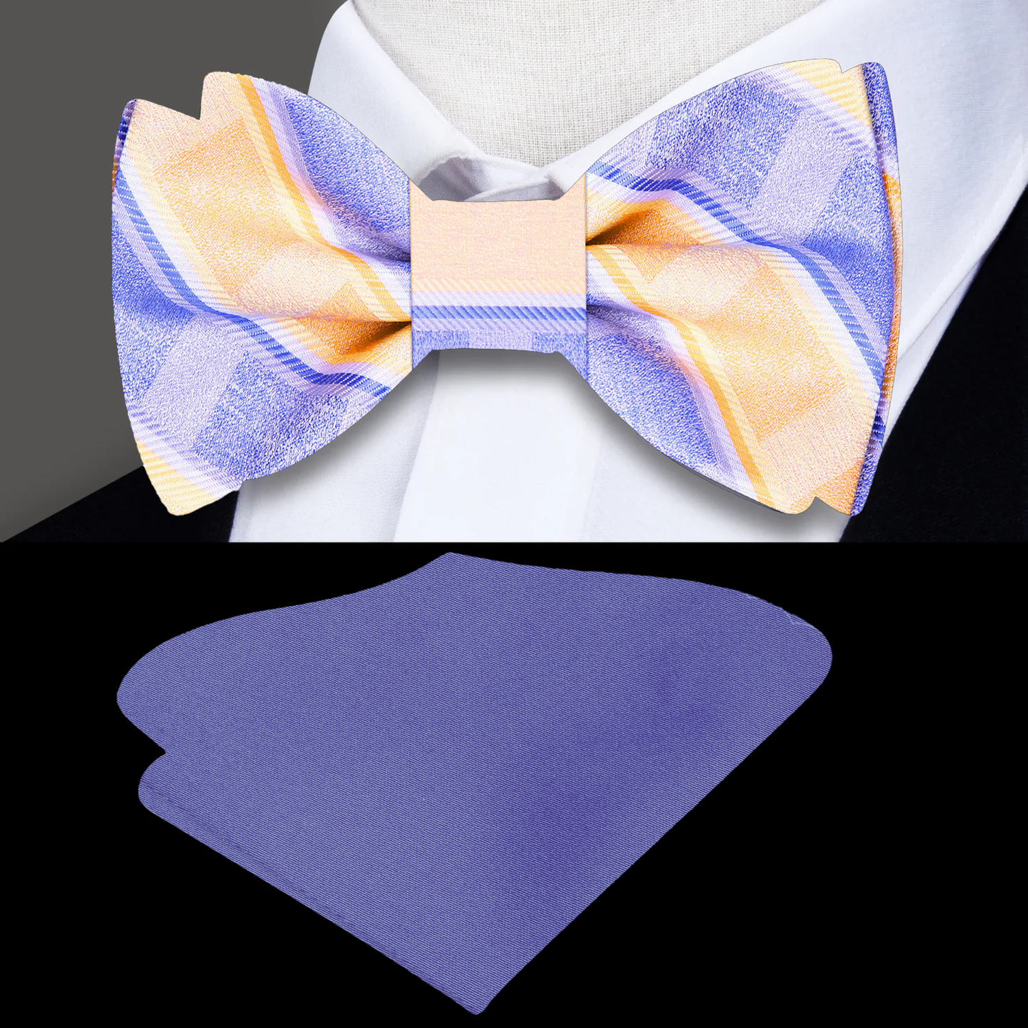 Colorful bow tie and matching pocket square on a white background