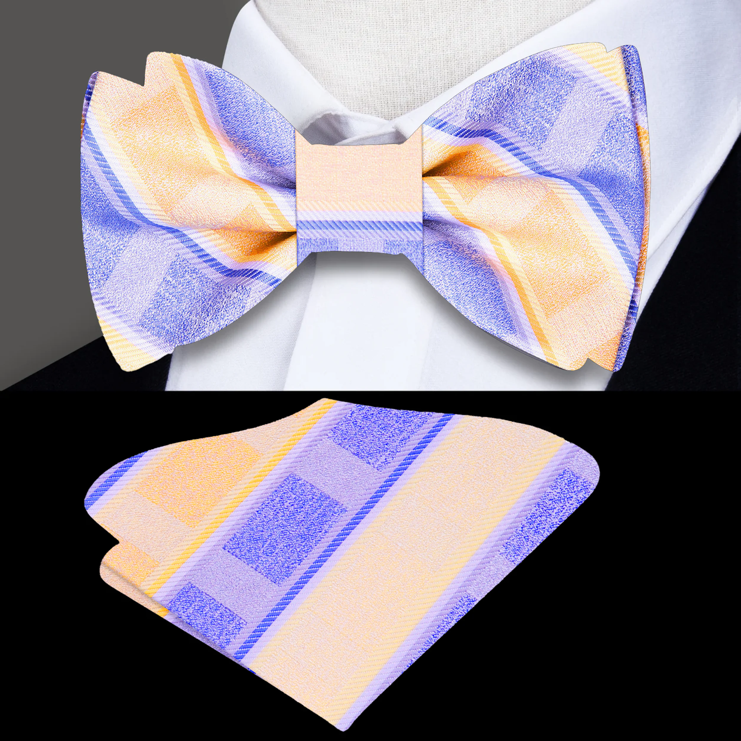 yellow and purple Plaid bow tie and pocket square set on a white background