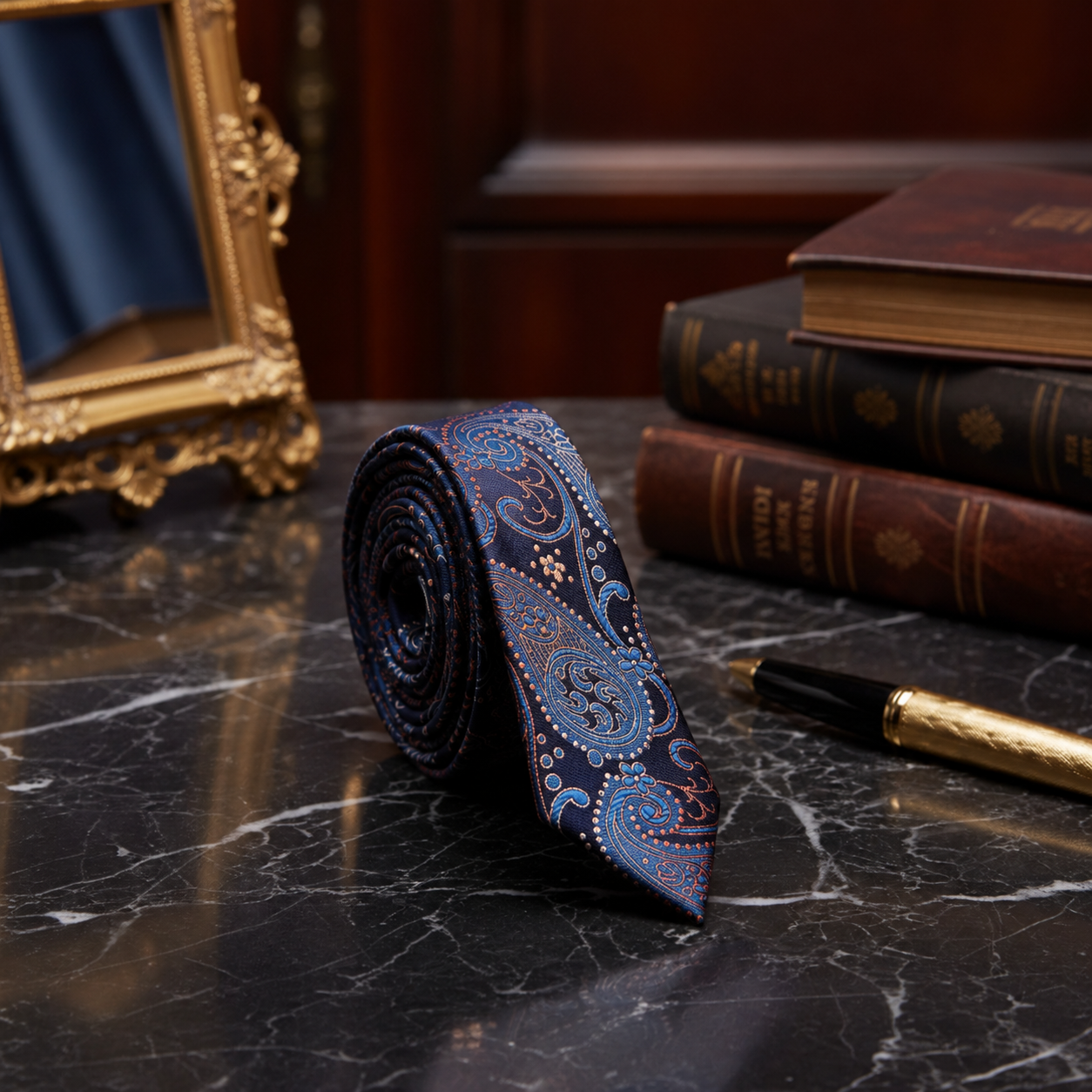 A rolled necktie with a blue, purple, and orange paisley pattern sits on a black marble surface, styled with a gold pen, stacked vintage books, and an ornate gold mirror in a warm indoor setting.
