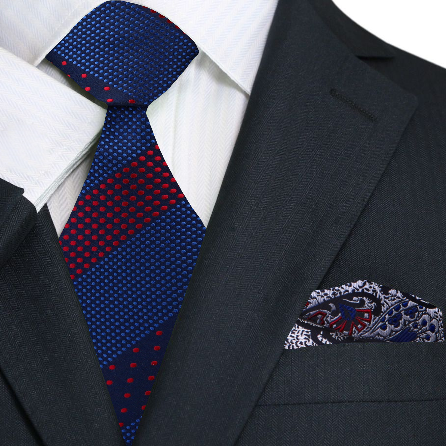 Blue, Red Polka Necktie and Accenting Grey, Red, Blue Square