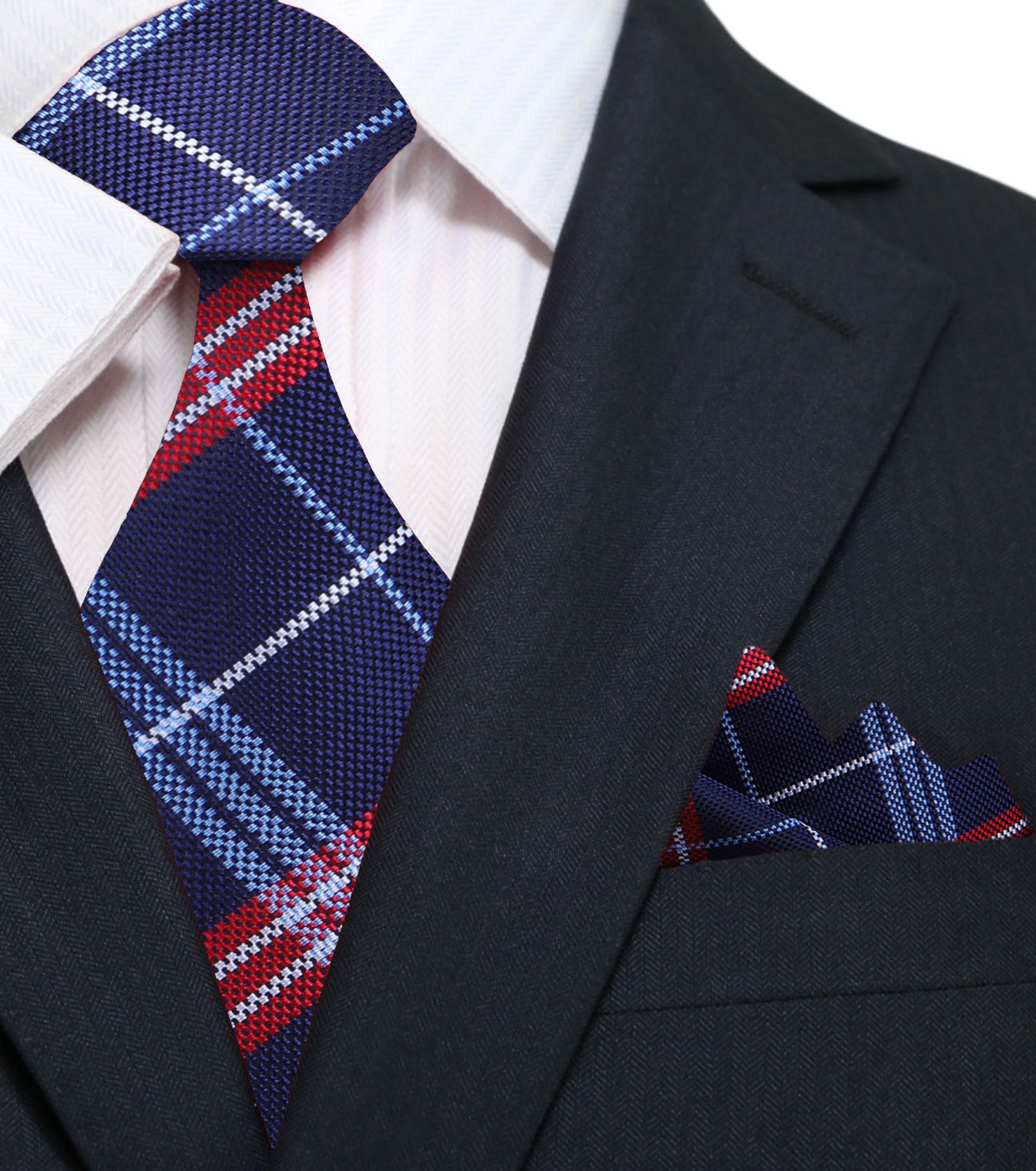A Dark Blue, Red Plaid Pattern Silk Necktie, Matching Pocket Square