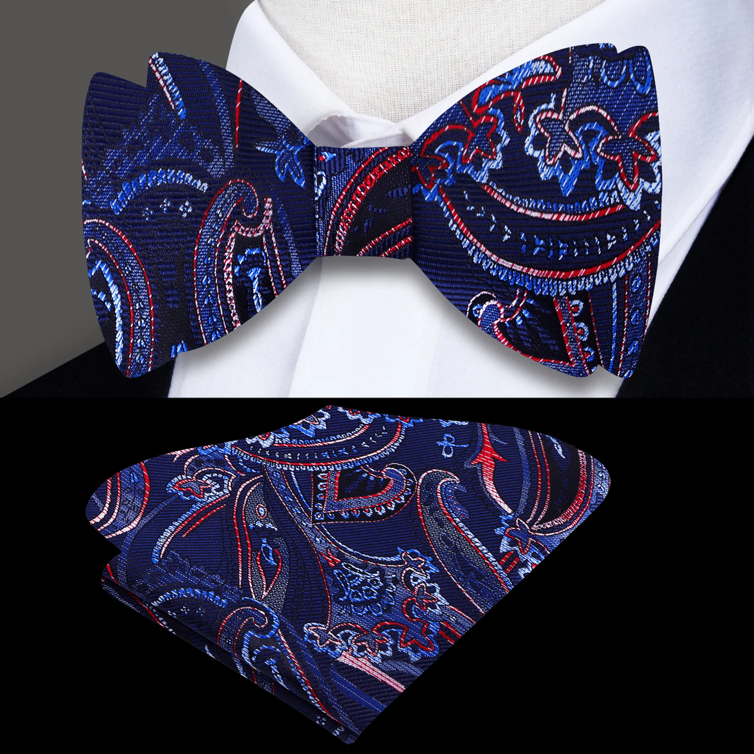 Blue, Red Paisley Bow Tie and Pocket Square