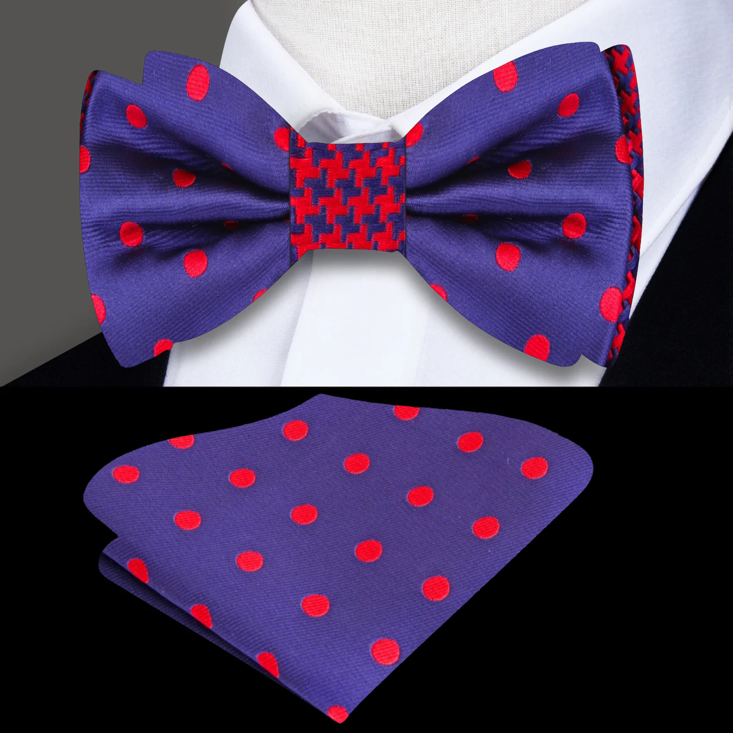Blue, Red Dots Bow Tie and Pocket Square