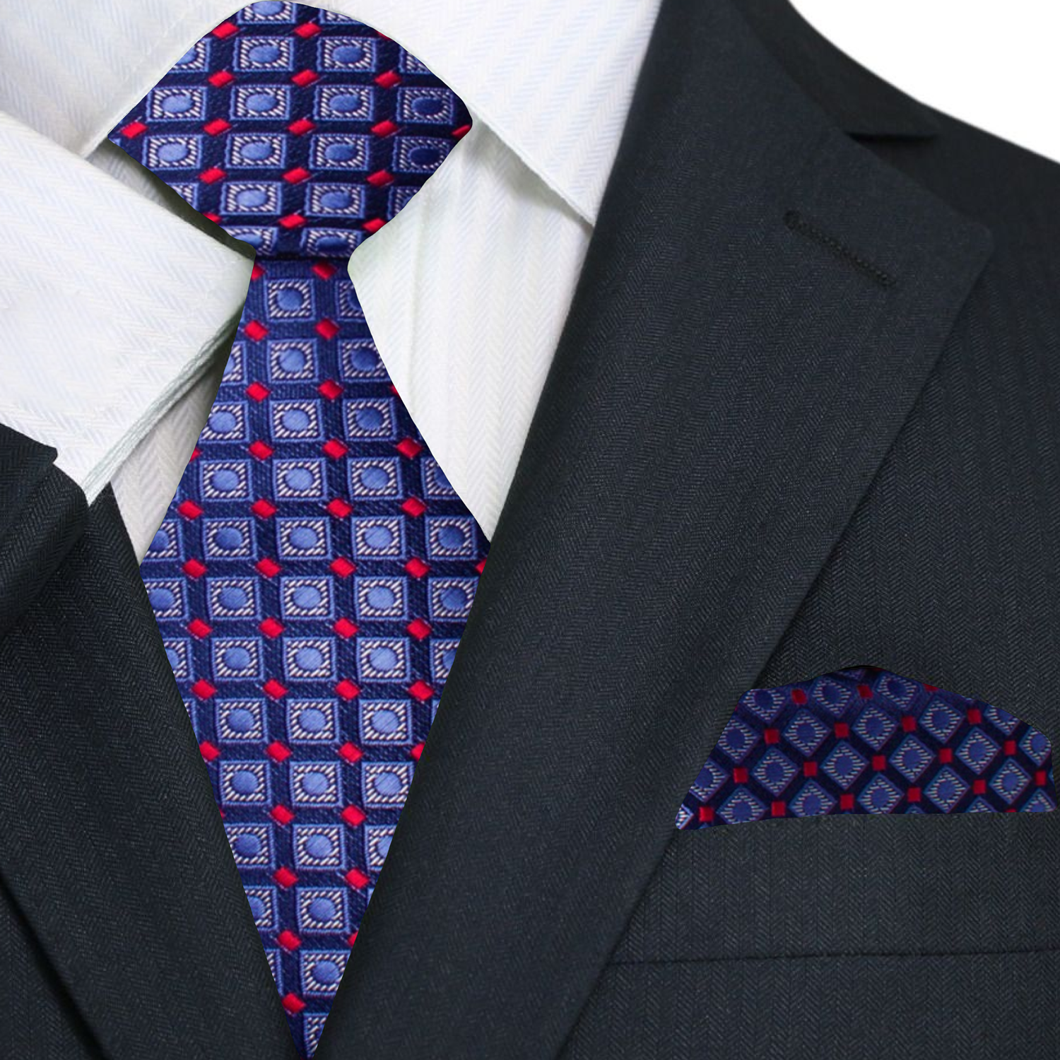 Main: A Deep Blue, Red Check Pattern Silk Necktie, Matching Pocket Square