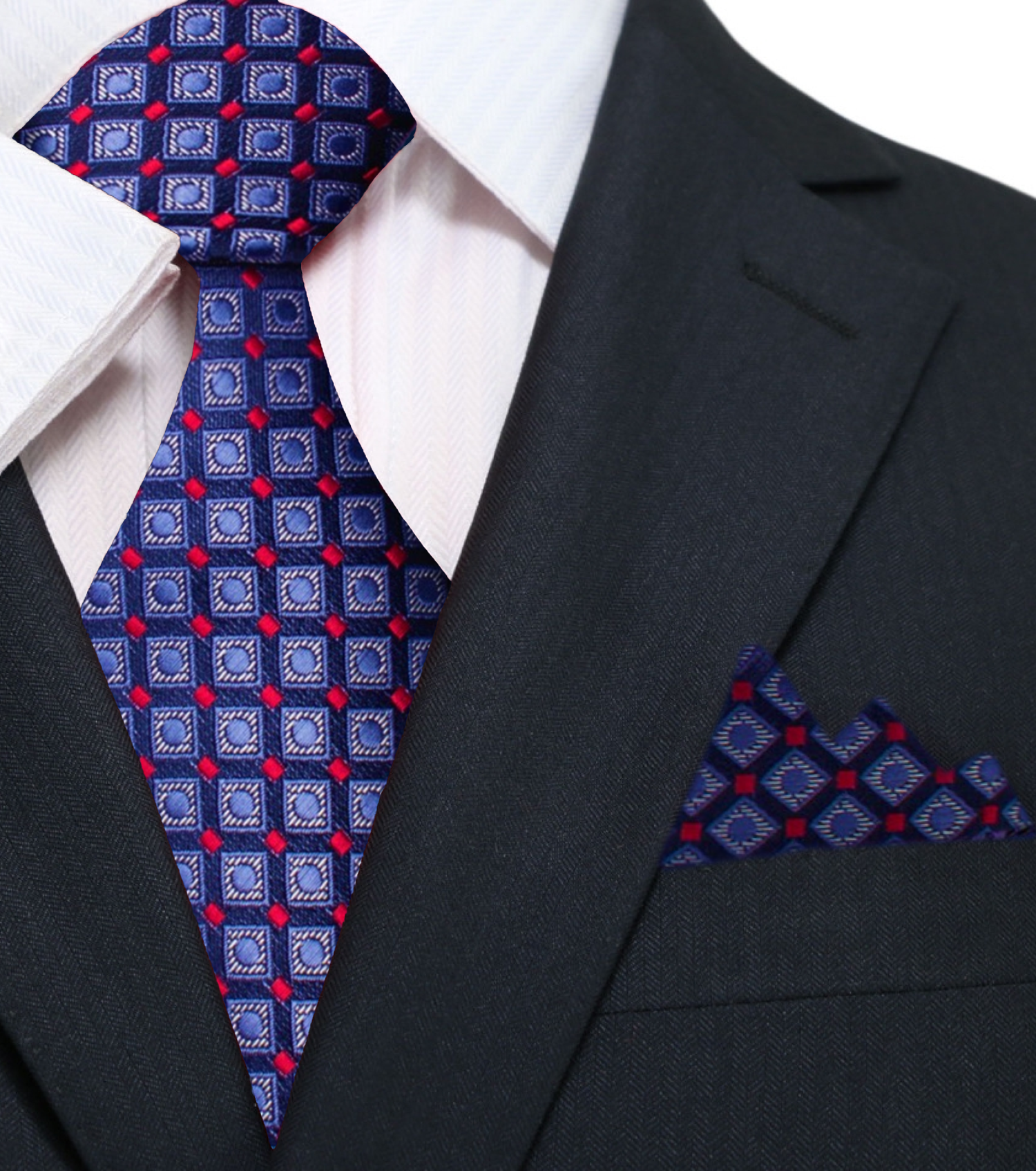 Blue Red Geometric Necktie and Square