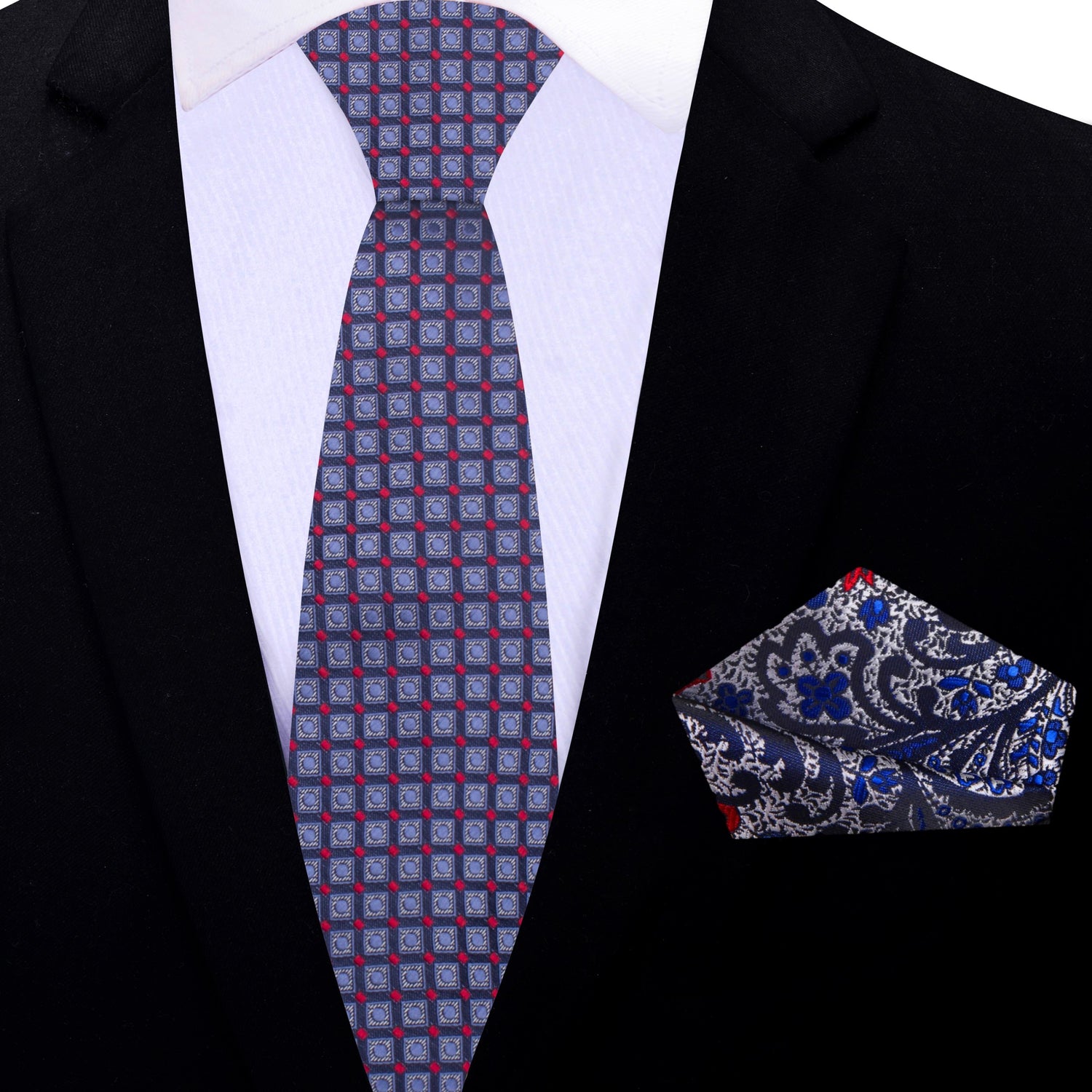 Thin Tie: Blue, Red Check Tie and Silver, Blue, Red Paisley Square