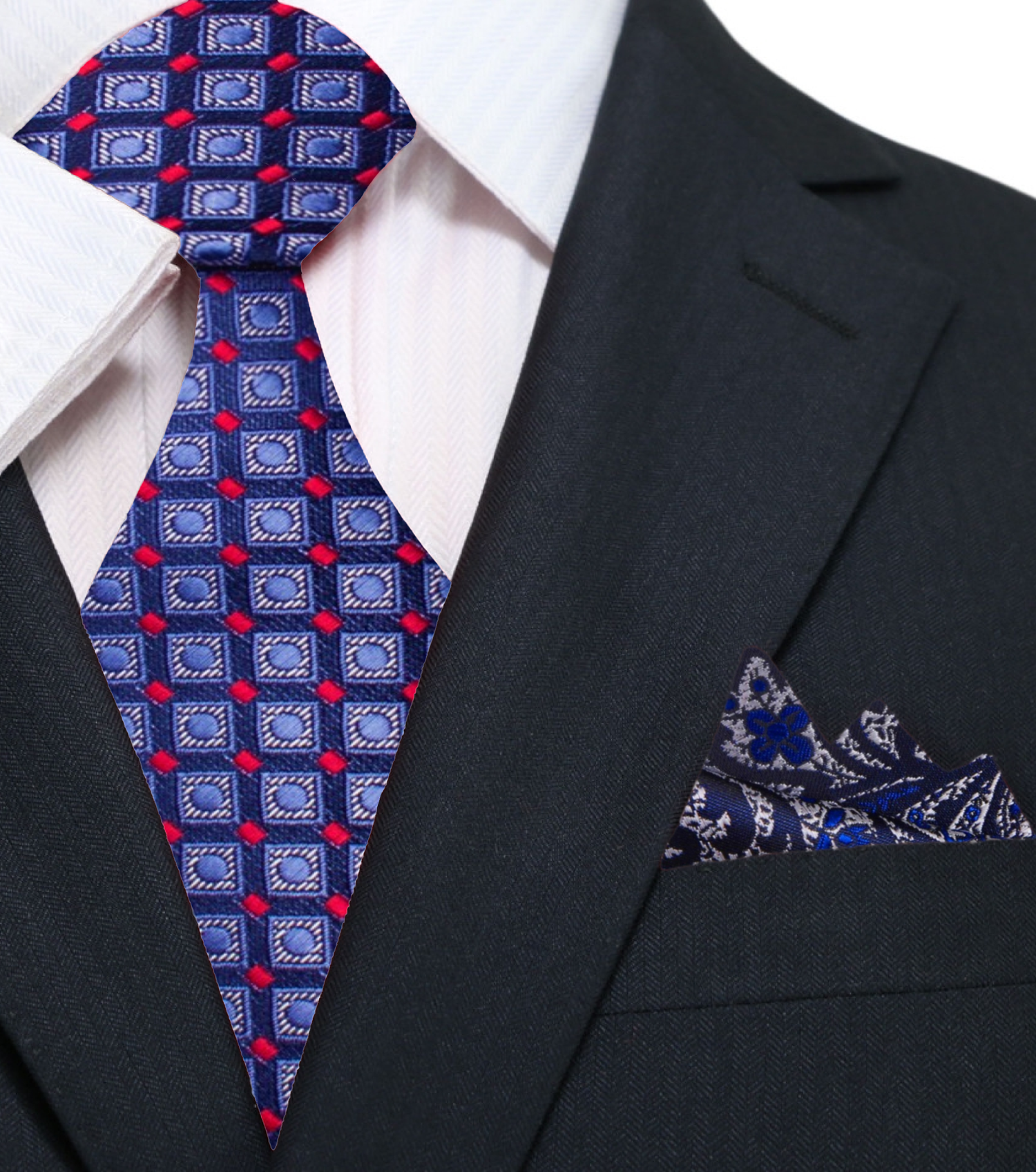 Blue, Red Check Tie and Silver, Blue, Red Paisley Square