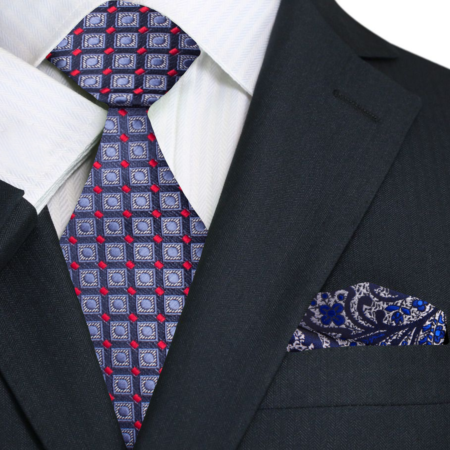 Blue, Red Check Tie and Silver, Blue, Red Paisley Square
