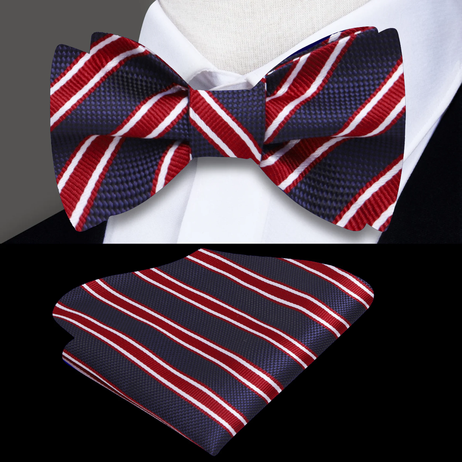 Main View: A Dark Blue, Red, White Stripe Pattern Silk Self Tie Bow Tie, Matching Pocket Square