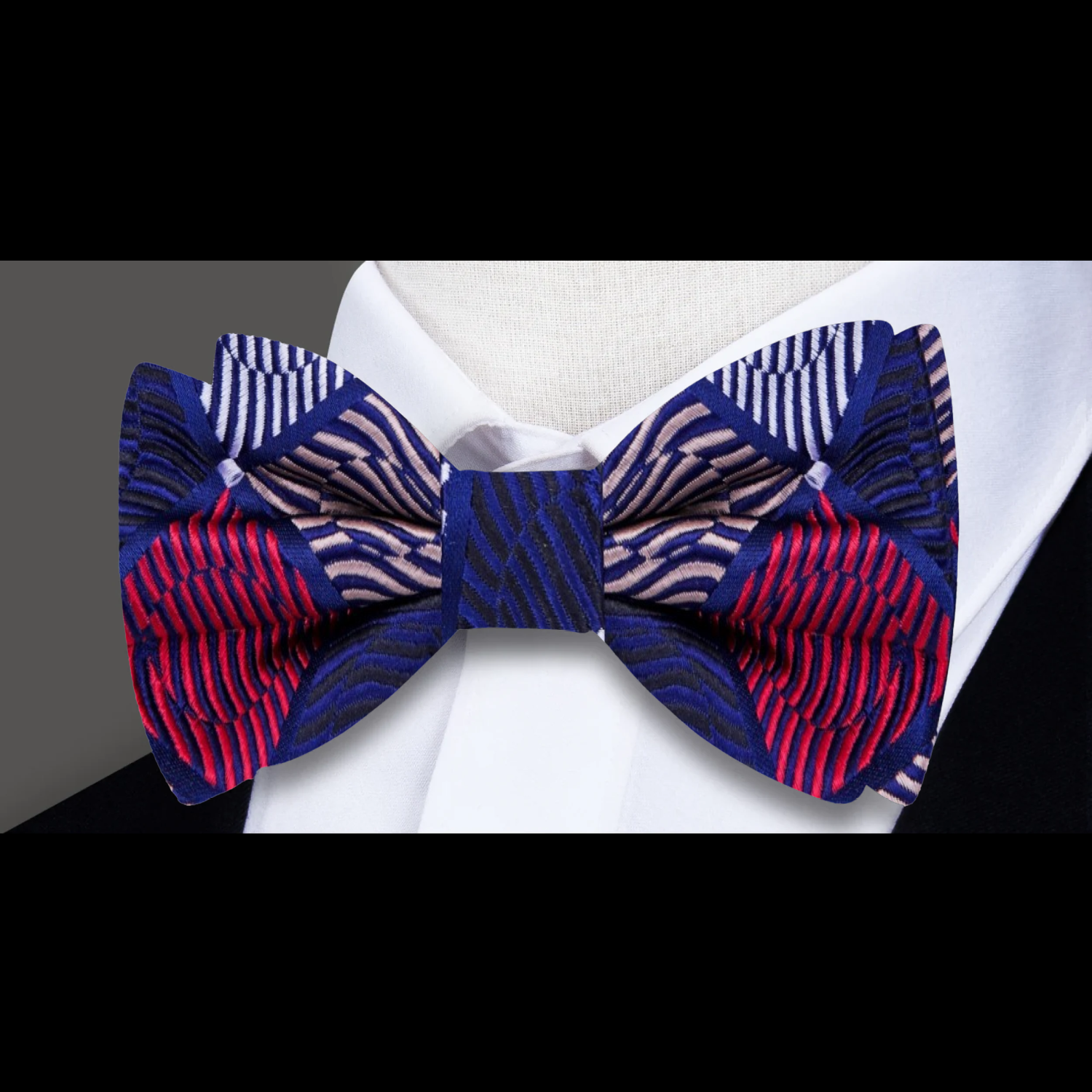 A Red, Blue Geometric Diamond with Dot Pattern Silk Self Tie Bow Tie