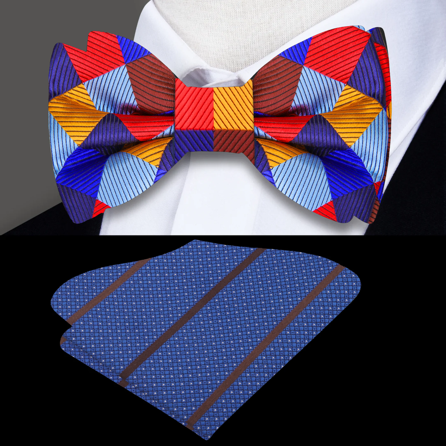 Red, Brown, Blue, Orange Geometric Bow Tie and Blue Brown Pocket Square
